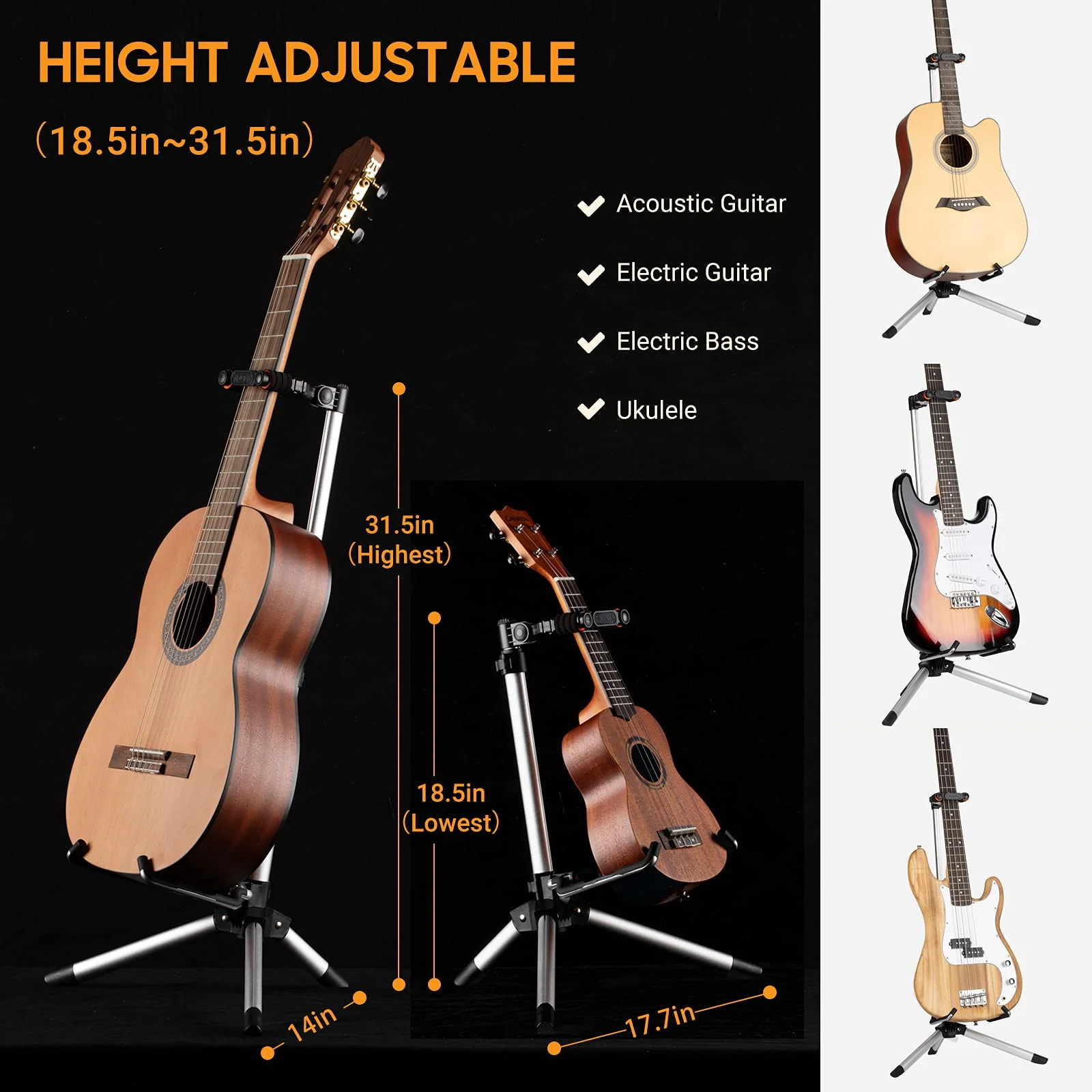 CAHAYA Floor Guitar Stand for Acoustic & Electric Guitars & Bass - Adjustable Height, Folding, Lightweight Travel Instrument Holder - Image 5