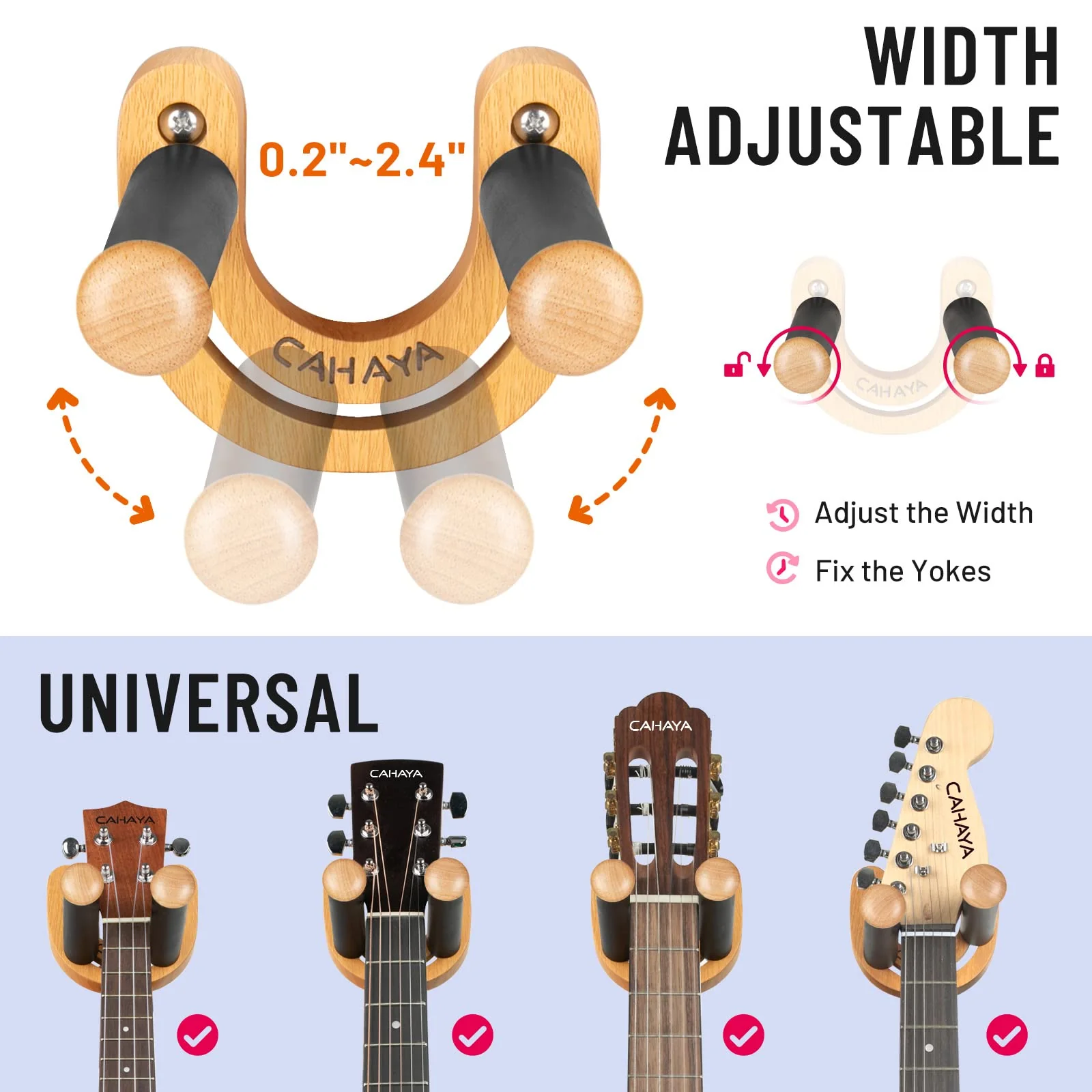 CAHAYA Guitar Wall Mount Hanger: Adjustable U-Shaped Hook with 5 Picks and 1 Pick Bag for Acoustic, Electric Guitars, Bass, Banjo, Ukulele, Mandolin Stylish - Image 2