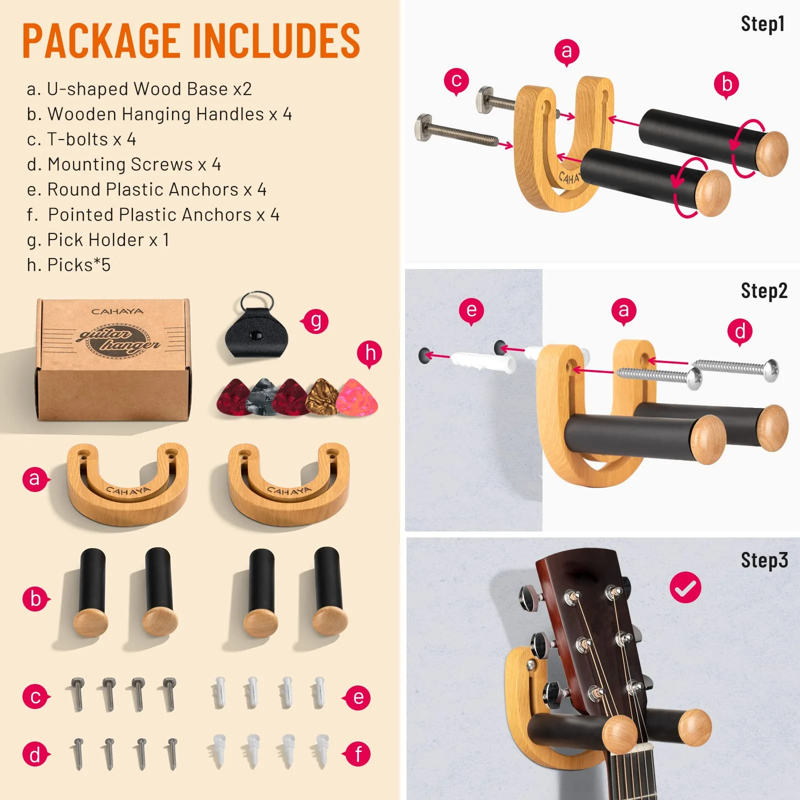 CAHAYA Guitar Wall Mount Hanger: Adjustable U-Shaped Hook with 5 Picks and 1 Pick Bag for Acoustic, Electric Guitars, Bass, Banjo, Ukulele, Mandolin Stylish - Image 6