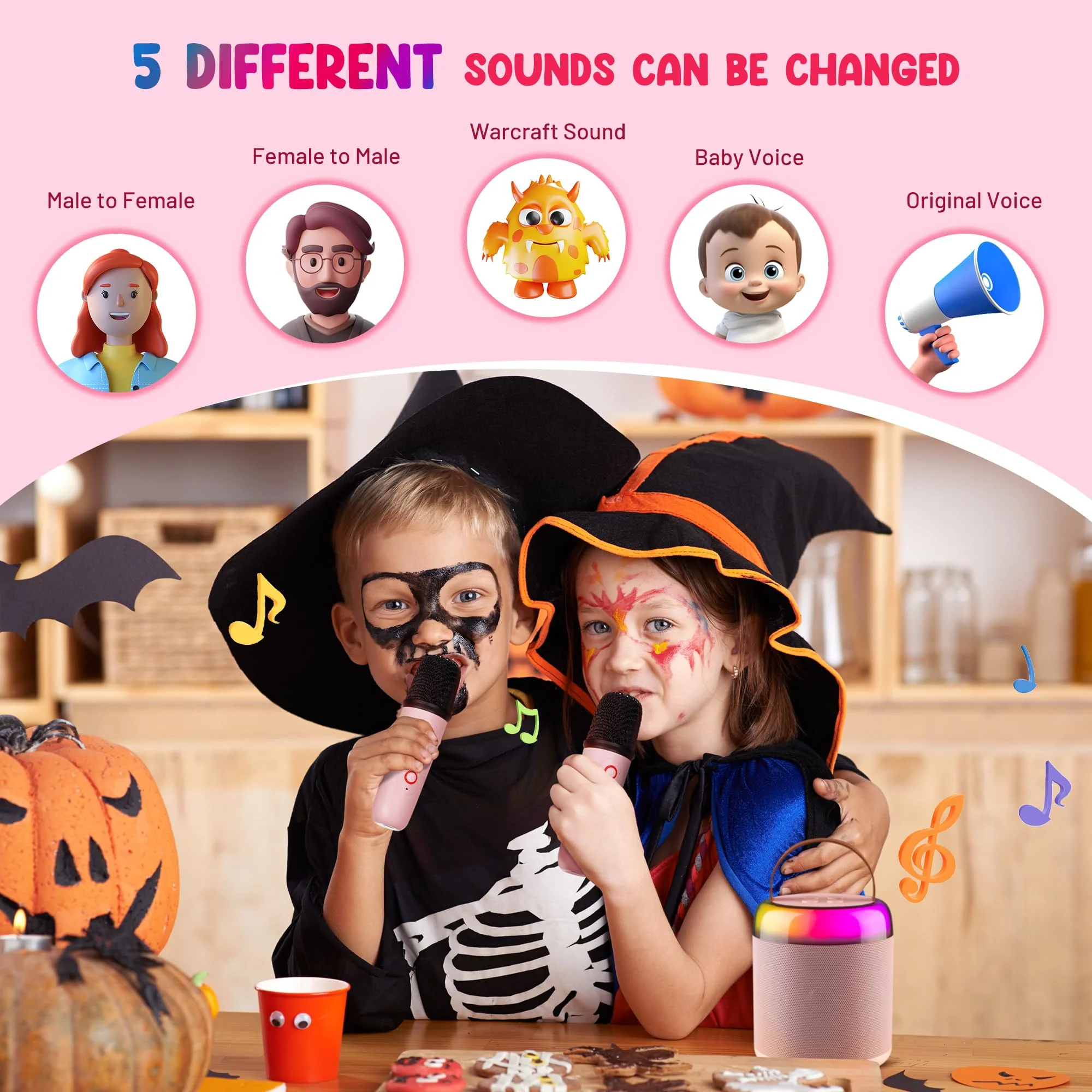 CAHAYA Karaoke Machine for Kids Gifts: Mini Bluetooth Machine with 2 Wireless Microphones Portable Karaoke Speaker with LED Lights for Kids 3 4 5 6 7 8 9 10 11 12 Years Old Singing Pink CY00369-1 - Image 2