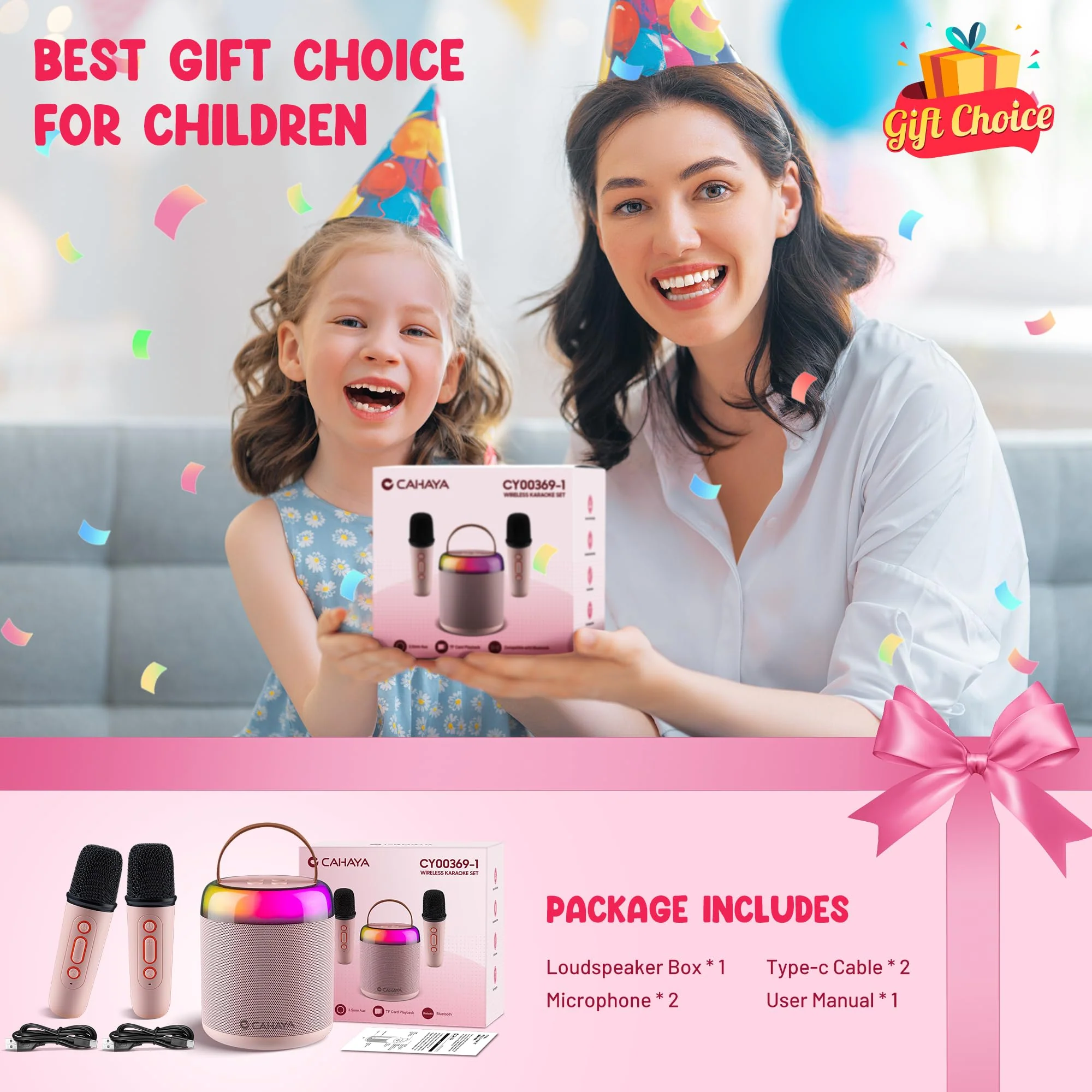 CAHAYA Karaoke Machine for Kids Gifts: Mini Bluetooth Machine with 2 Wireless Microphones Portable Karaoke Speaker with LED Lights for Kids 3 4 5 6 7 8 9 10 11 12 Years Old Singing Pink CY00369-1 - Image 3