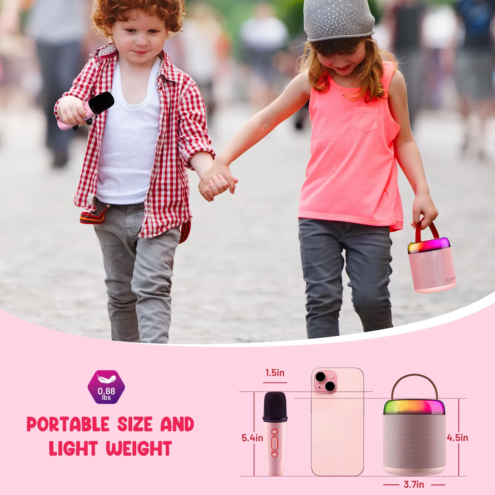 CAHAYA Karaoke Machine for Kids Gifts: Mini Bluetooth Machine with 2 Wireless Microphones Portable Karaoke Speaker with LED Lights for Kids 3 4 5 6 7 8 9 10 11 12 Years Old Singing Pink CY00369-1 - Image 5