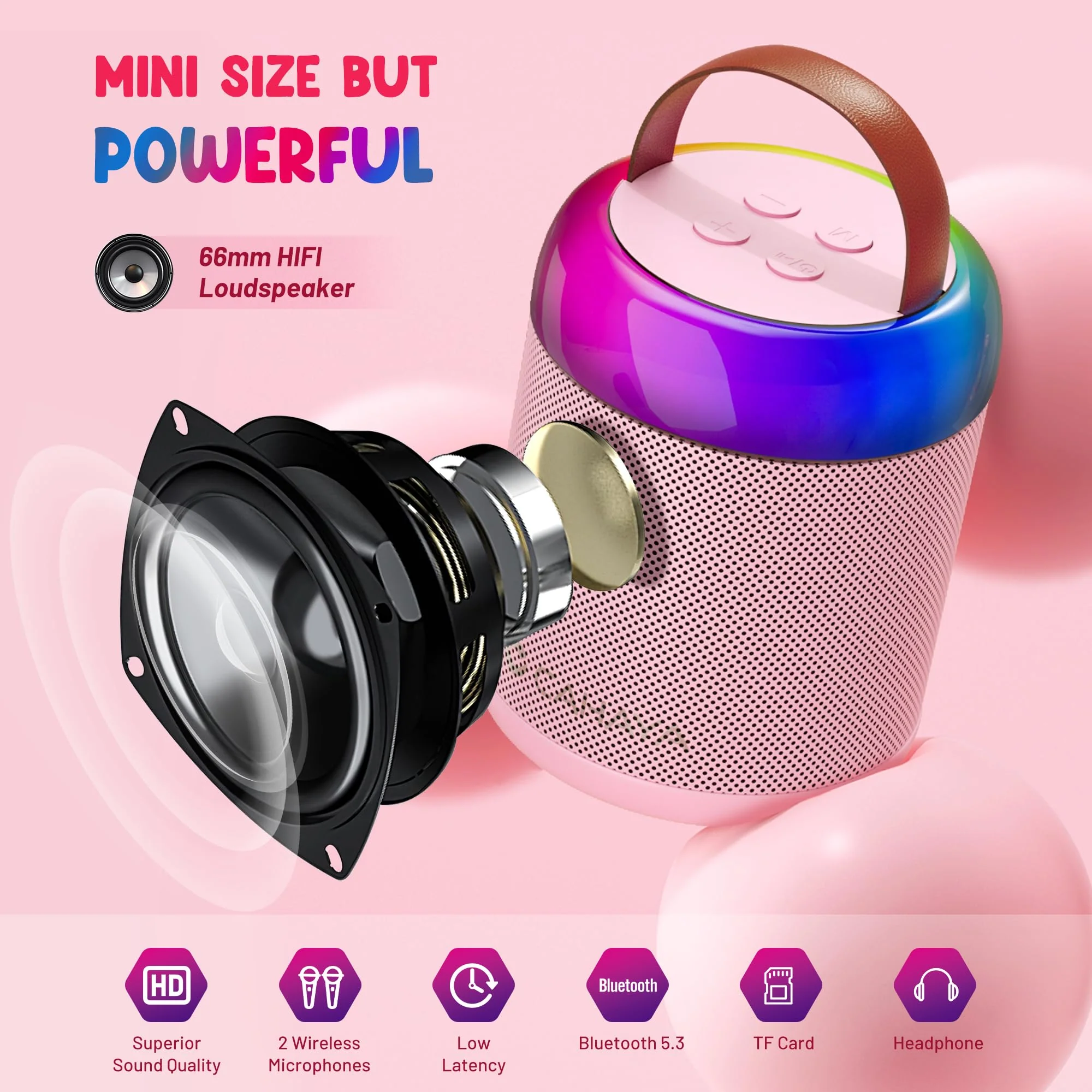 CAHAYA Karaoke Machine for Kids Gifts: Mini Bluetooth Machine with 2 Wireless Microphones Portable Karaoke Speaker with LED Lights for Kids 3 4 5 6 7 8 9 10 11 12 Years Old Singing Pink CY00369-1 - Image 6