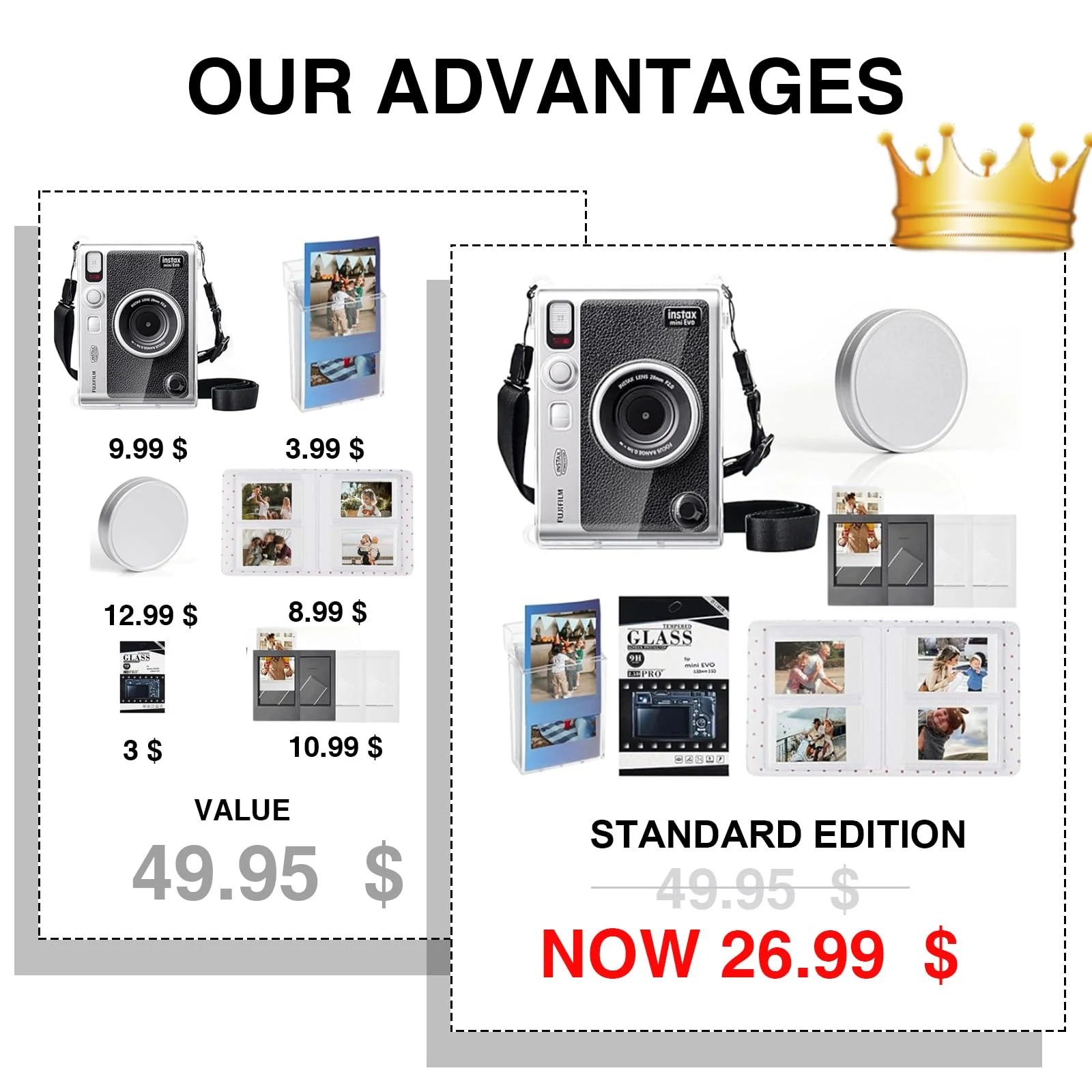 CAIYOULE Mini Evo Camera Case Accessories for Fujifilm Instax, Hard Protective Camera Case with Lens Cap, Screen Protector, Mini Frames, Album, No Camera Clear Case Bundle - Image 3
