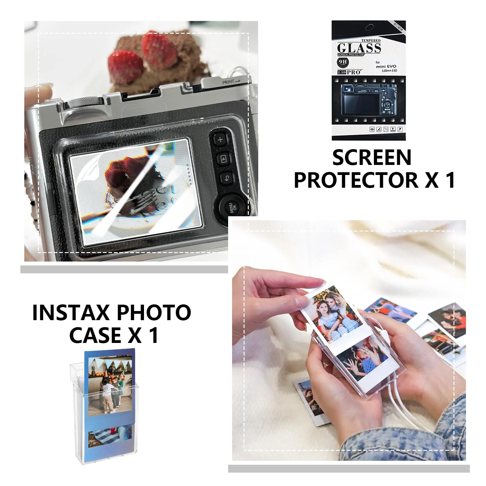 CAIYOULE Mini Evo Camera Case Accessories for Fujifilm Instax, Hard Protective Camera Case with Lens Cap, Screen Protector, Mini Frames, Album, No Camera Clear Case Bundle - Image 6