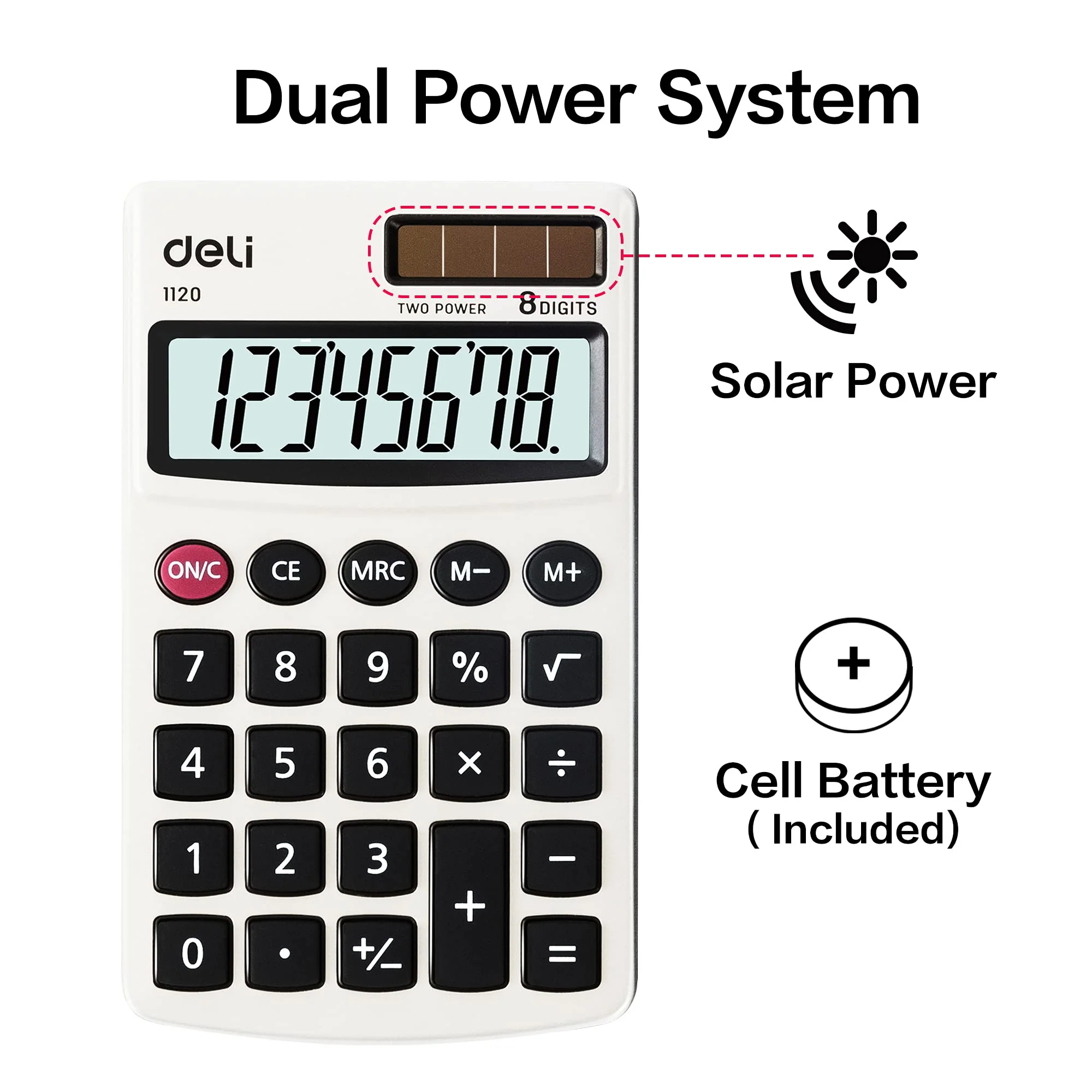 Calculator, Deli Standard Function Basic Calculators, Solar Battery Dual Power Office Calculator with Cover, Metal Panel 1 Pack - Image 6