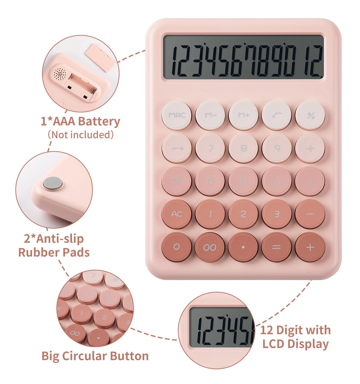 Calculator, Desk Calculators, Cute Pink Calculator, 12 Digit with Large LCD Display, Basic Standard Calculator, Big Button, Aesthetic Calculator, Mechanical Calculator for Office School - Image 3