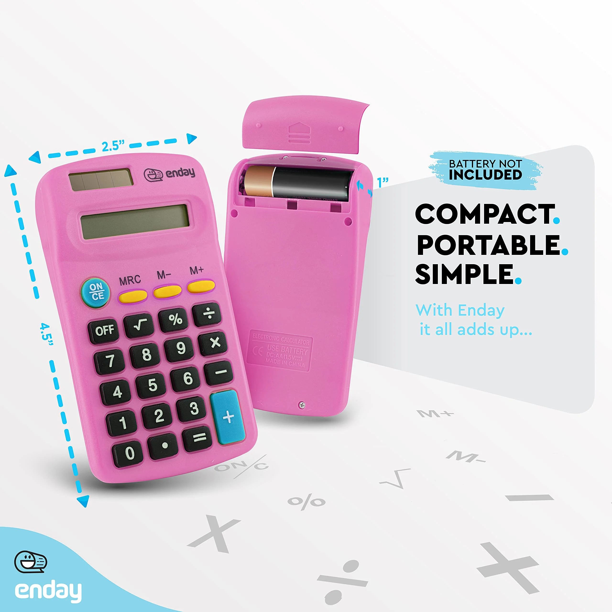 Calculator Pink, Basic Small Solar and Battery Operated, Large Display Four Function, Auto Powered Handheld Calculator School and Kids Available in Green, Red, Purple, Grey, Blue, 1 PK – by Enday - Image 4