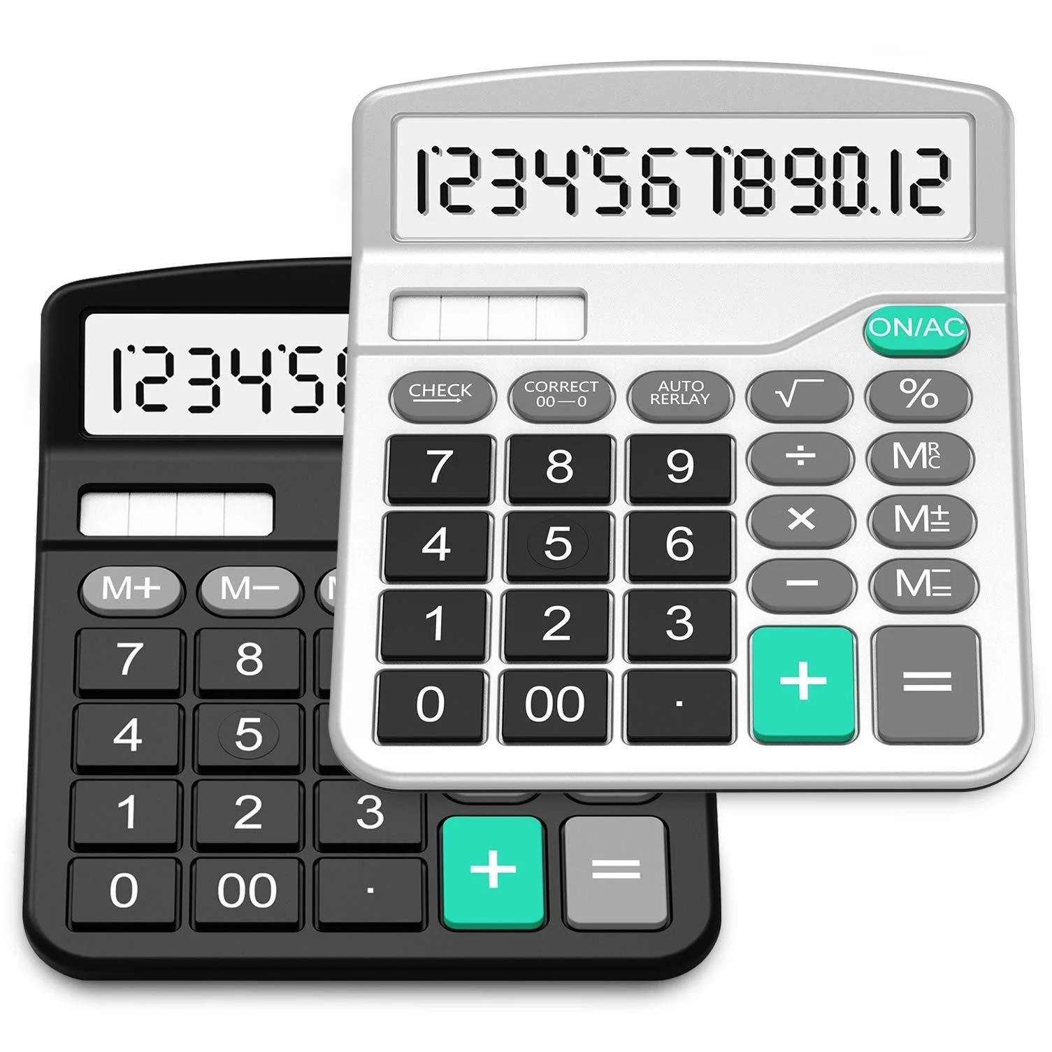 Calculator, Splaks 2 Pack Standard Functional Desktop Calculator Sola and AA Battery Dual Power Electronic Calculator with 12-Digit Large Display (1 Basic Black&1 Updated Silver) 1 Black&1 Silver - Image 2