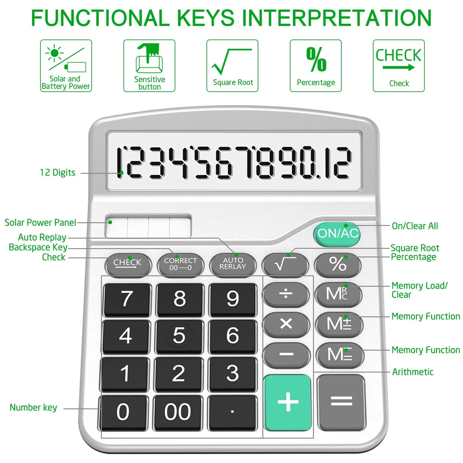Calculator, Splaks 2 Pack Standard Functional Desktop Calculator Sola and AA Battery Dual Power Electronic Calculator with 12-Digit Large Display (1 Basic Black&1 Updated Silver) 1 Black&1 Silver - Image 3