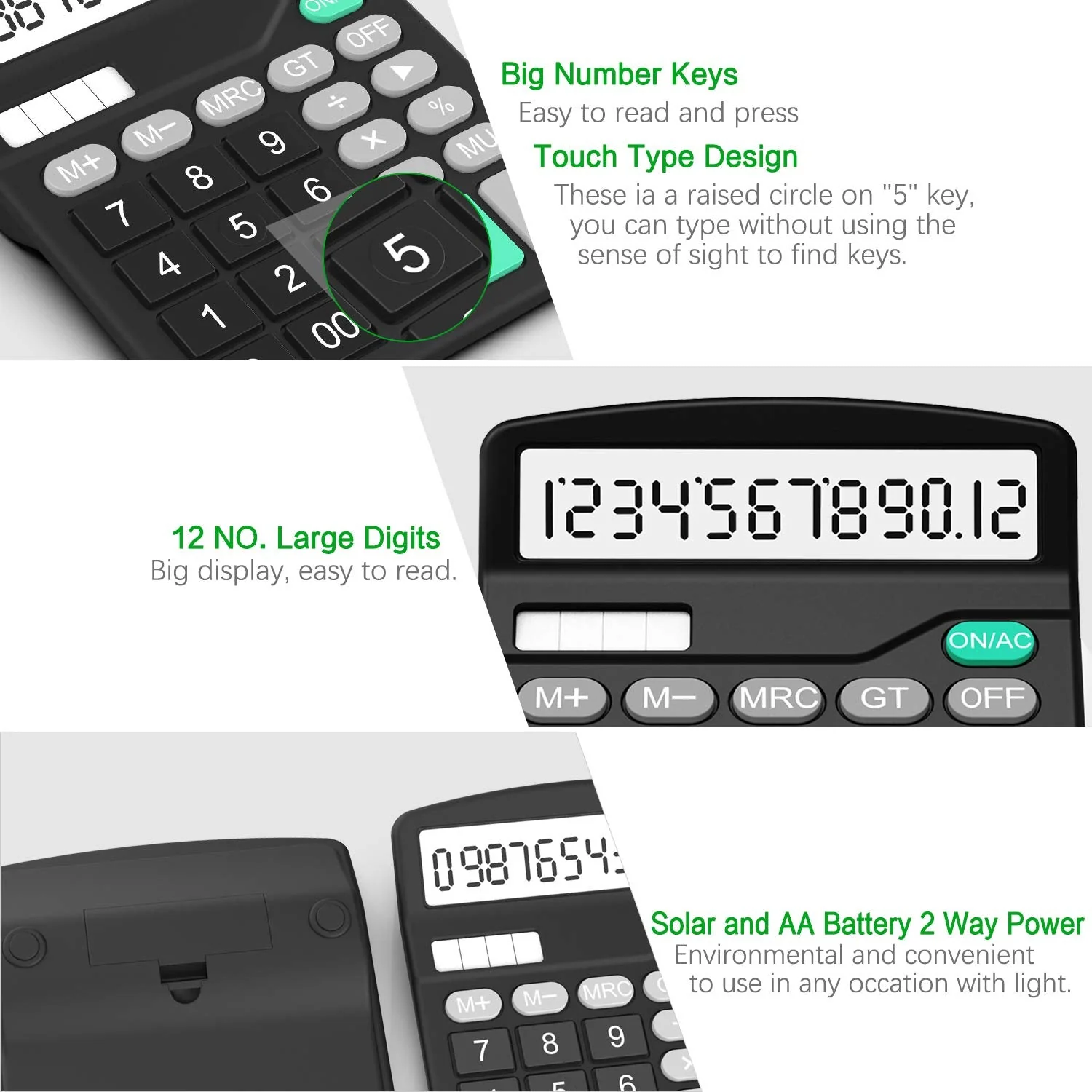 Calculator, Splaks 2 Pack Standard Functional Desktop Calculator Sola and AA Battery Dual Power Electronic Calculator with 12-Digit Large Display (1 Basic Black&1 Updated Silver) 1 Black&1 Silver - Image 4