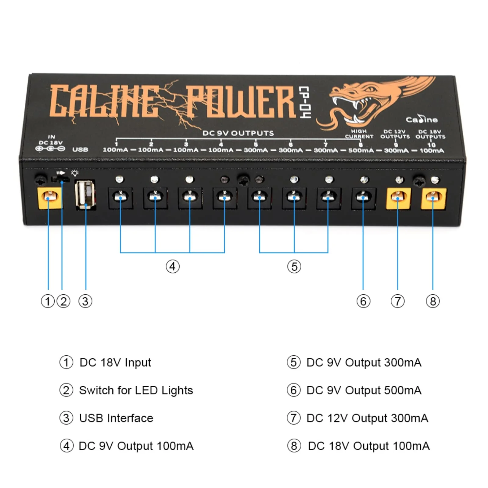 Caline CP-04 Guitar Pedal Power Supply 10 DC Outputs for 9V/12V/18V Effect Pedal - Image 3