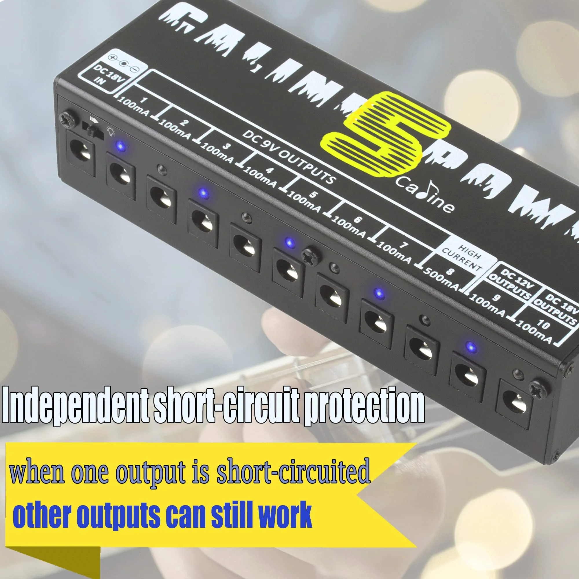 Caline CP-05 Guitar Pedal Power Supply, Pedal Board Power Supply with 10 Independent DC 9V/12V/18V Outputs(100mA/500mA), Noiselessly - Image 2