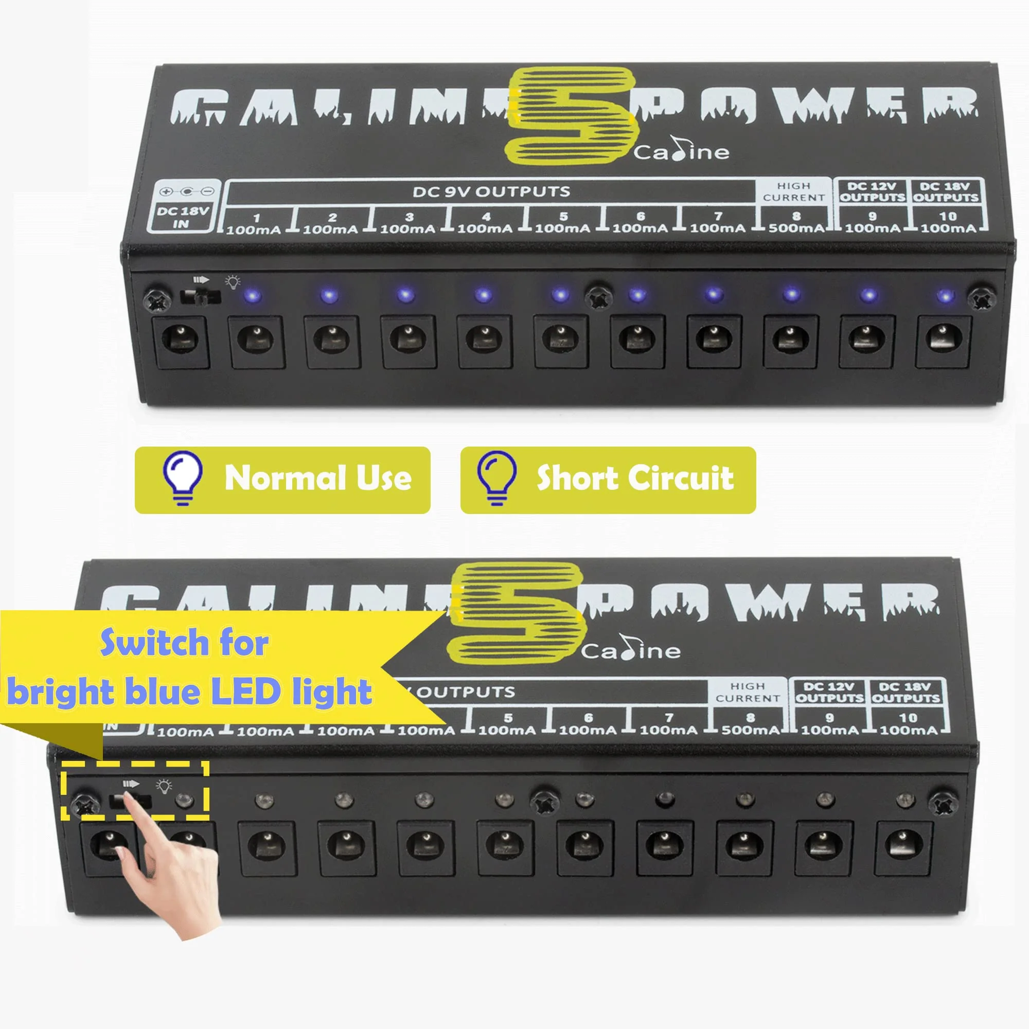 Caline CP-05 Guitar Pedal Power Supply, Pedal Board Power Supply with 10 Independent DC 9V/12V/18V Outputs(100mA/500mA), Noiselessly - Image 4