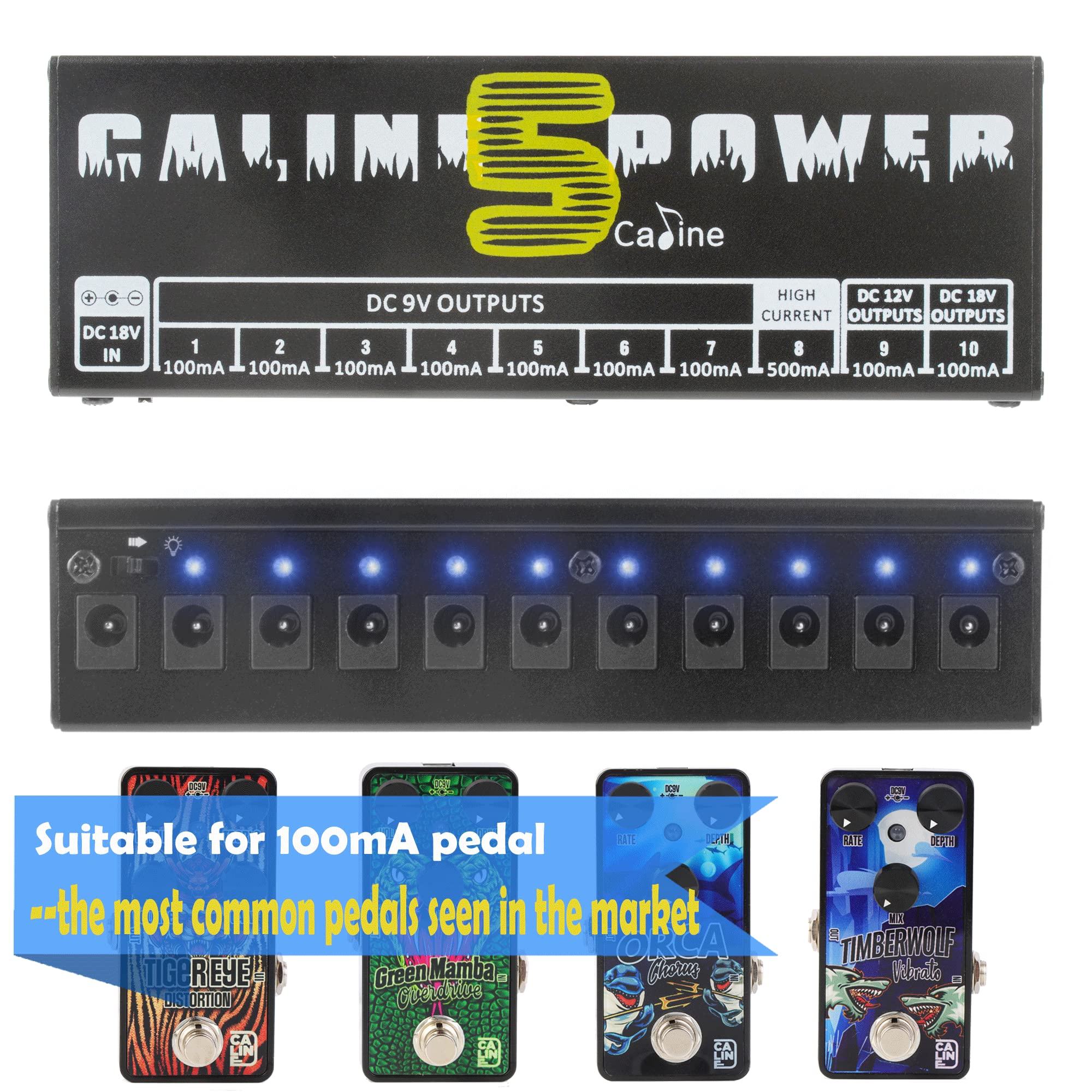 Caline CP-05 Guitar Pedal Power Supply, Pedal Board Power Supply with 10 Independent DC 9V/12V/18V Outputs(100mA/500mA), Noiselessly - Image 5