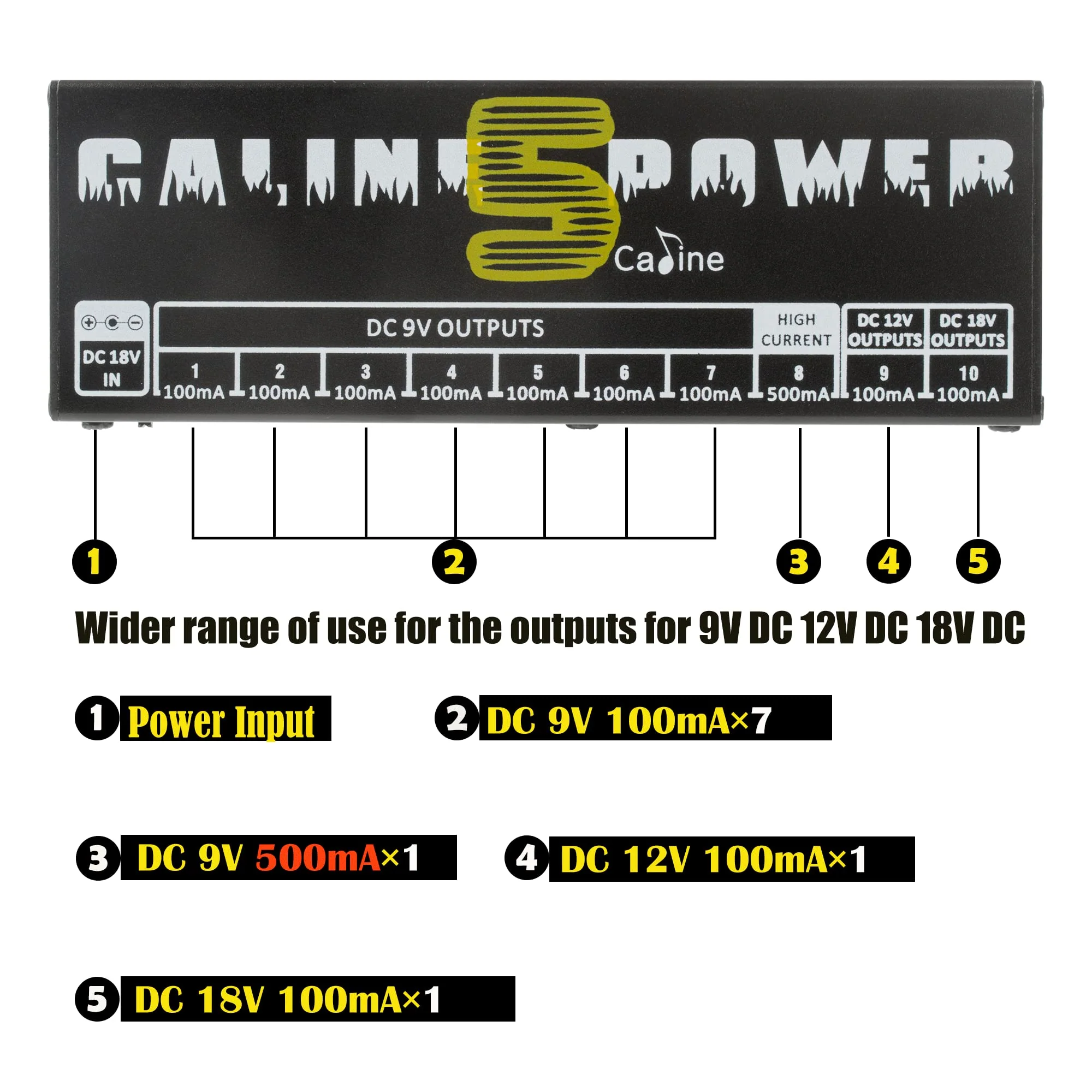 Caline CP-05 Guitar Pedal Power Supply, Pedal Board Power Supply with 10 Independent DC 9V/12V/18V Outputs(100mA/500mA), Noiselessly - Image 7