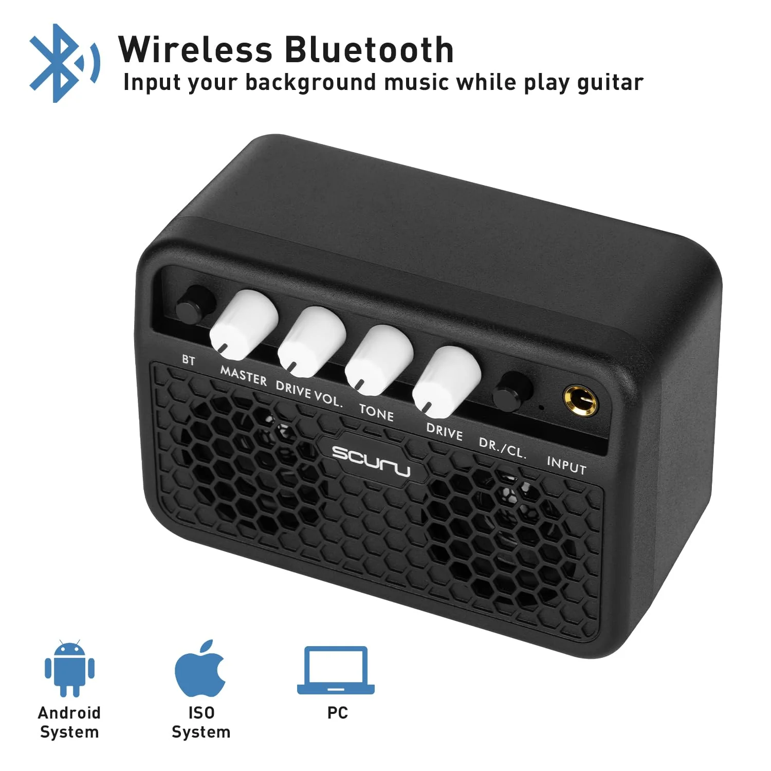 Caline Guitar Mini Amp, 5W Rechargeable Bluetooth Guitar Amplifer Combo for Desktop Practice, Dual Channel,with Headphone Jack, Black - Image 3