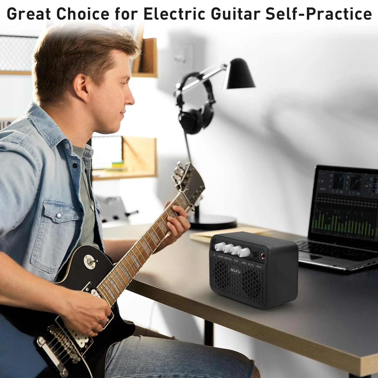 Caline Guitar Mini Amp, 5W Rechargeable Bluetooth Guitar Amplifer Combo for Desktop Practice, Dual Channel,with Headphone Jack, Black - Image 5