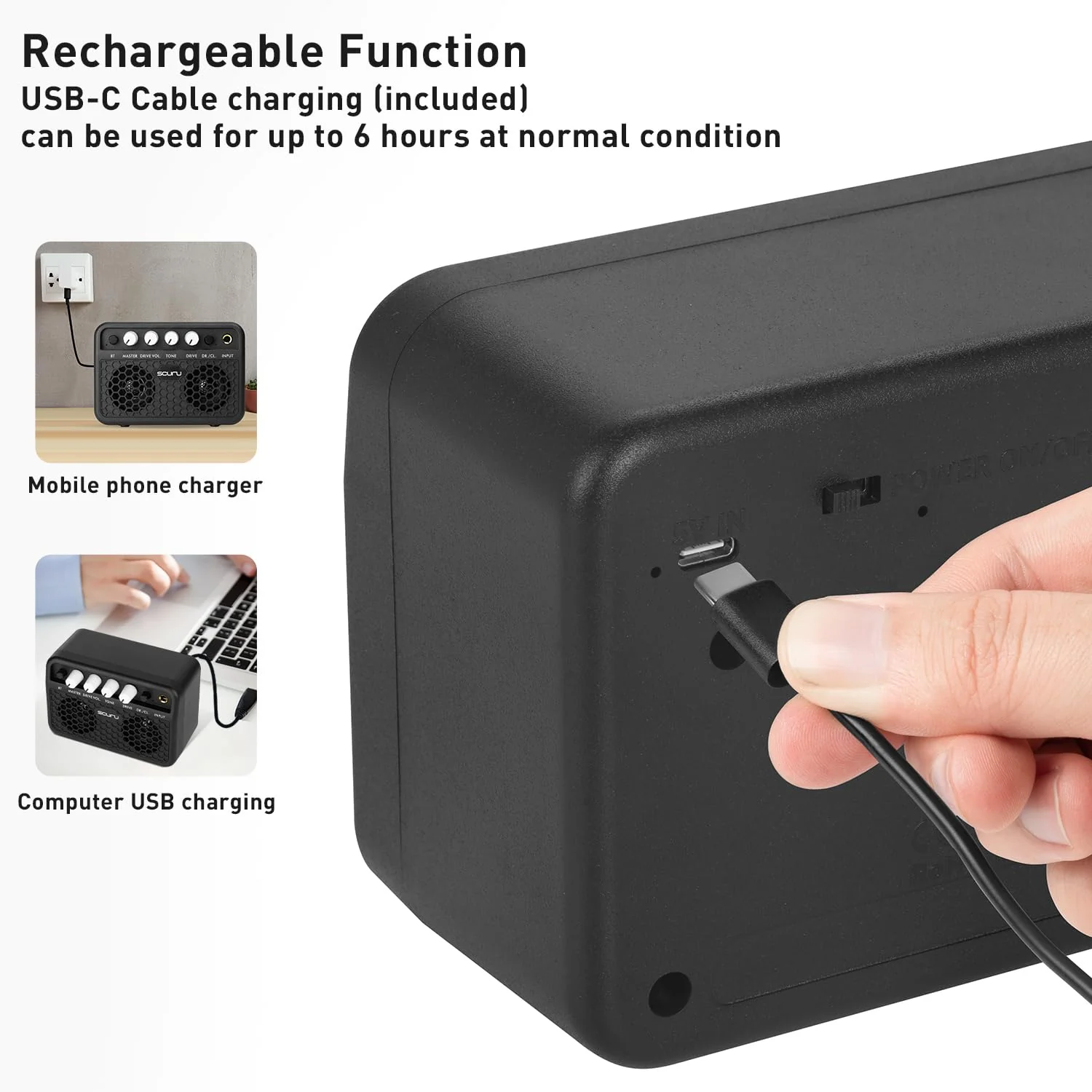 Caline Guitar Mini Amp, 5W Rechargeable Bluetooth Guitar Amplifer Combo for Desktop Practice, Dual Channel,with Headphone Jack, Black - Image 6