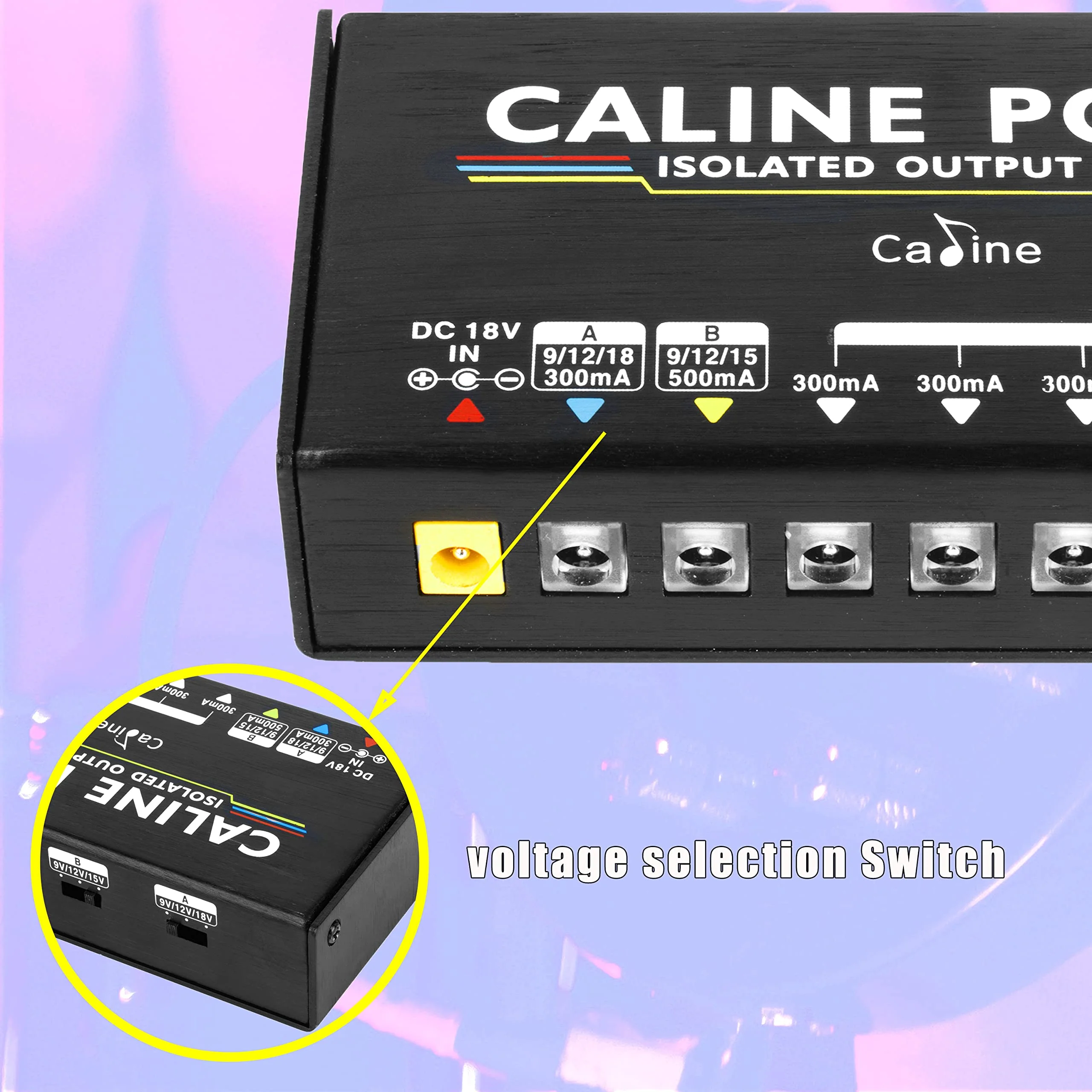 Caline Guitar Pedal Power Supply, True Isolated Pedal Board Power Supply with 8 Totally Isolated DC Outputs(300mA/500mA), Switchable 9V/12V/15V/18V Power Outputs for Guitar Pedals - Image 2