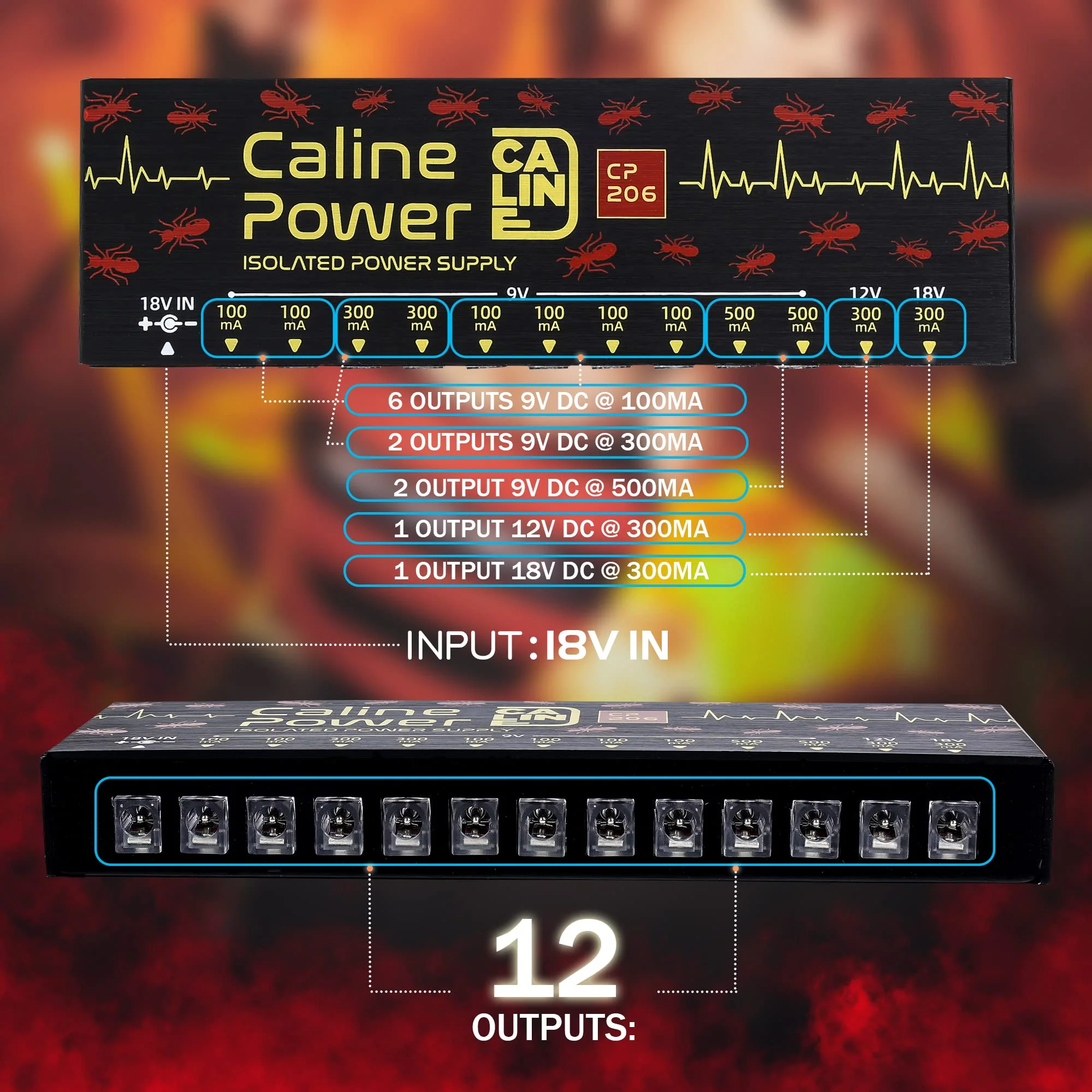 Caline Guitar Pedal Power Supply, True Isolated Pedalboard Power Supply with 12 Outputs, Noiselessly CP-206 12 ports - Image 2