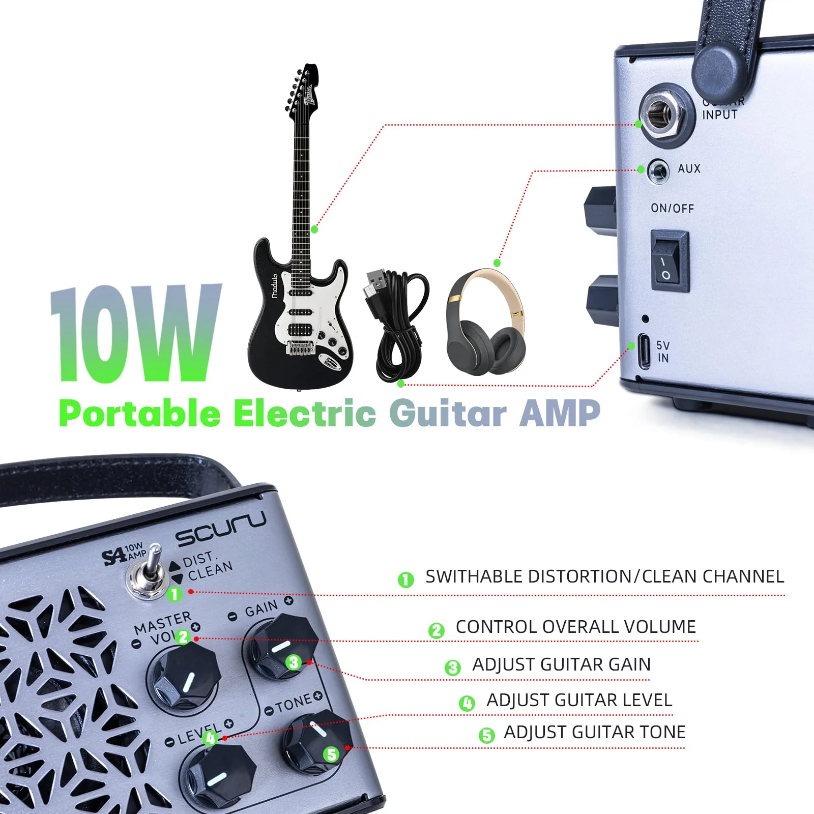 Caline Portable Guitar Amp,10w Mini Guitar Amplifier,Distortion,Clean Practice Amps for Electric Guitar,Rechargeable Guitar Amp with Aux,Buletooth - Image 5
