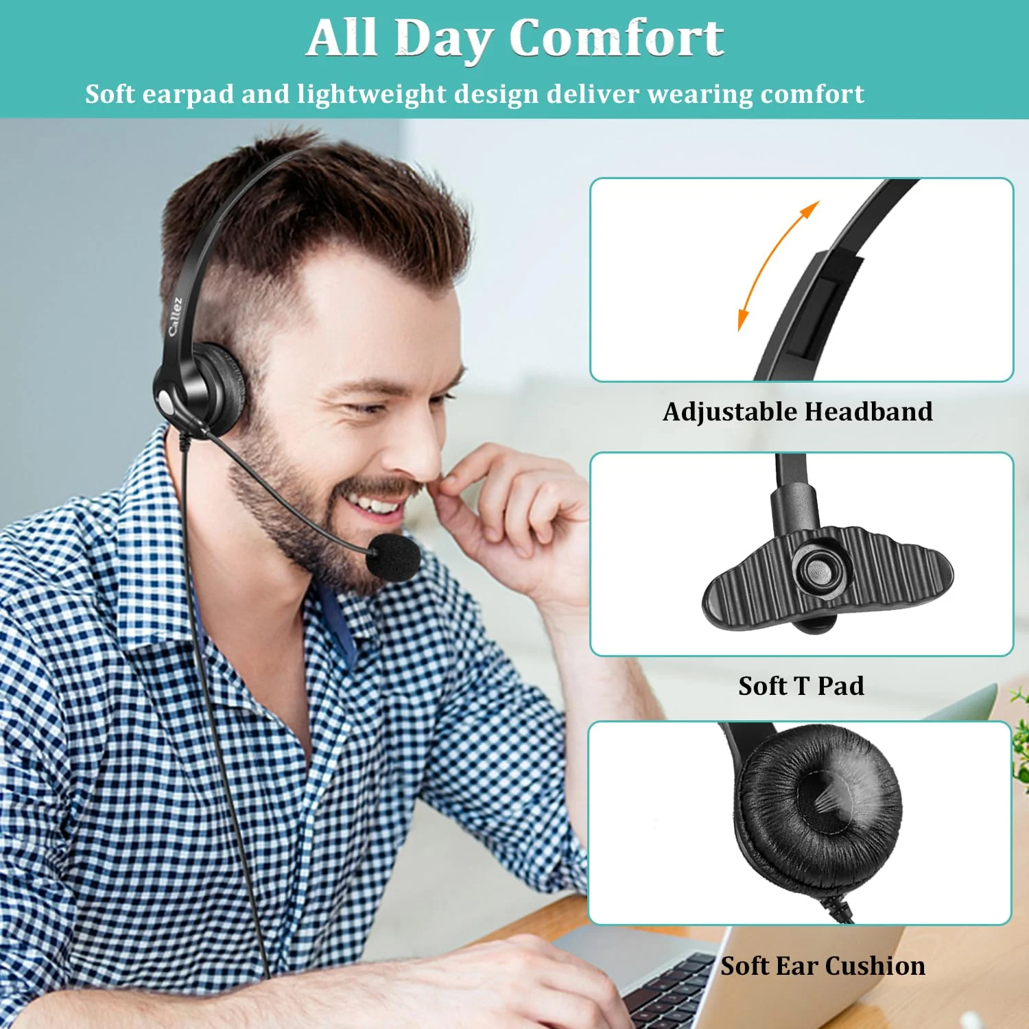Callez 3.5mm Jack Cell Phone Headset with Microphone Noise Cancelling for PC Laptop, Wired Computer Headphones for iPhone Android Zoom Home Office Work School Classroom, in-line Control, Comfort-Fit Gray-Monaural - Image 5