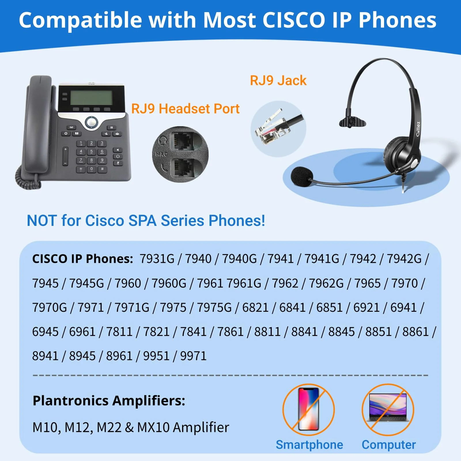 Callez Cisco Phone Headset with Mic Noise Cancelling, RJ9 Office Telephone Headset with Quick Disconnect Cord Compatible with Cisco IP Phone 7940 7942 7945 7960 7962 7965 7821 7841 8811 8841 8845 8851 - Image 2