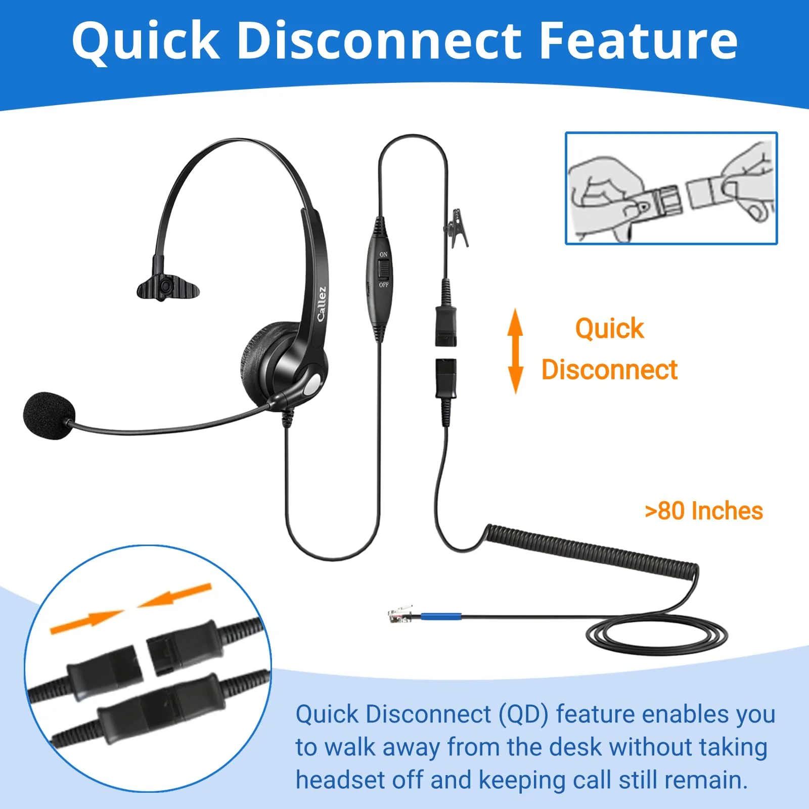Callez Cisco Phone Headset with Mic Noise Cancelling, RJ9 Office Telephone Headset with Quick Disconnect Cord Compatible with Cisco IP Phone 7940 7942 7945 7960 7962 7965 7821 7841 8811 8841 8845 8851 - Image 5
