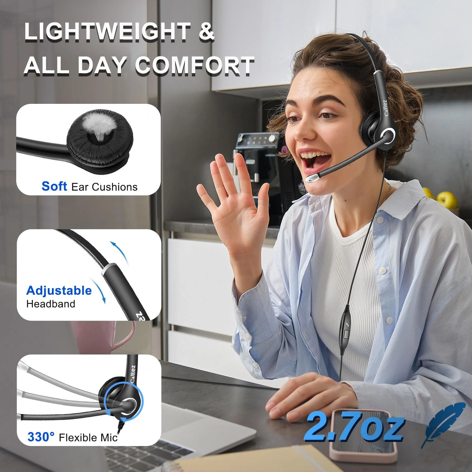 Callez Computer Headset, 3.5mm Cell Phone Headset with Mic Noise Cancelling, USB-C Wired Headphone for PC Laptop Mac iPhone Samsung Zoom Teams Call Center Home Office Work, in-line Controls Black - Image 6