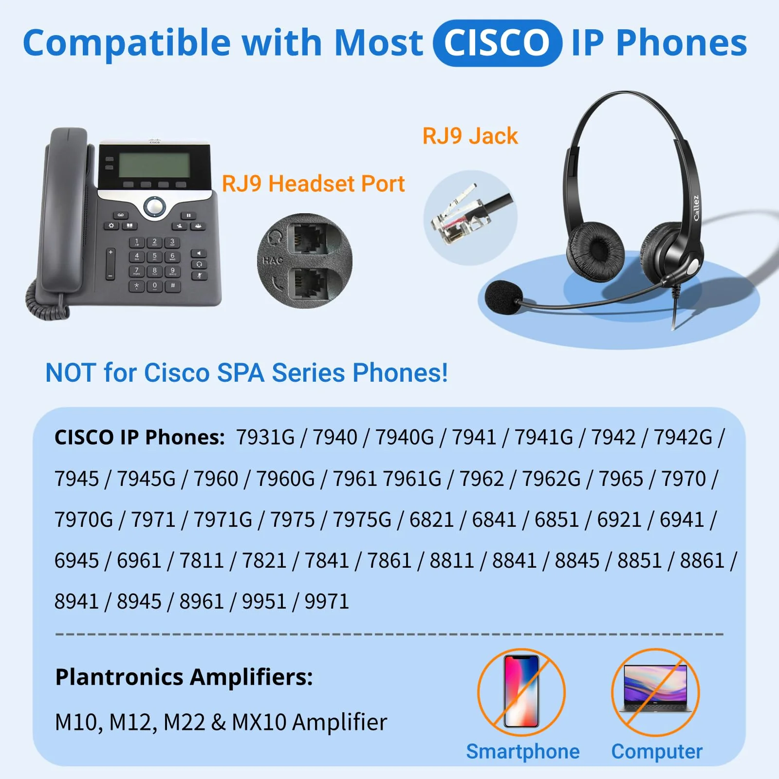 Callez RJ9 Phone Headset with Mic Noise Cancelling, Office Telephone Headset with Quick Disconnect Cord Compatible with Cisco IP Phones 7940 7941 7942 7945 7960 7962 7965 7821 7841 8811 8841 8845 8851 - Image 2