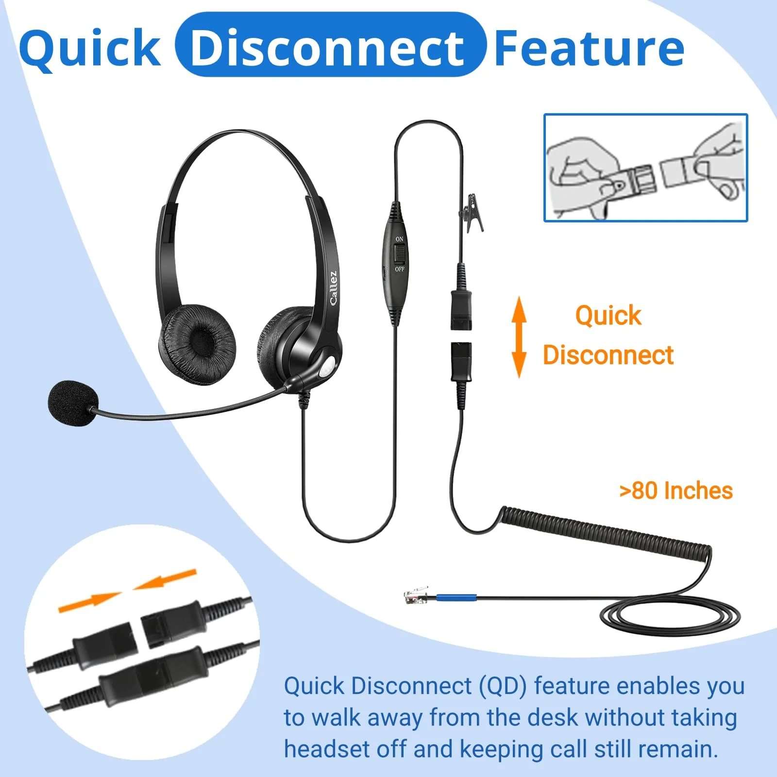 Callez RJ9 Phone Headset with Mic Noise Cancelling, Office Telephone Headset with Quick Disconnect Cord Compatible with Cisco IP Phones 7940 7941 7942 7945 7960 7962 7965 7821 7841 8811 8841 8845 8851 - Image 5