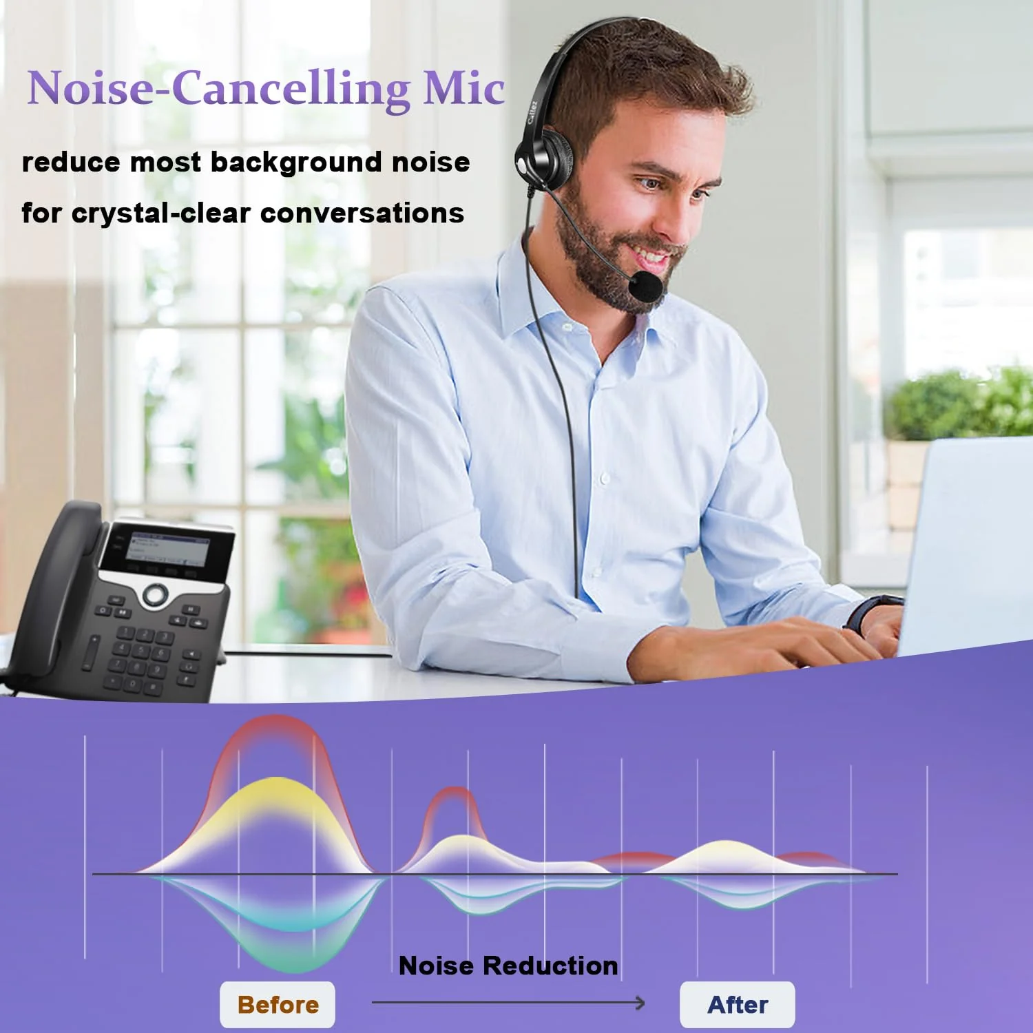 Callez RJ9 Phone Headset with Noise Cancelling Mic & Mute Switch, Corded Telephone Headset for Cisco 8851 8845 8841 8811 7965 7962 7945 7941 7841 7821 6941 6851 Plantronics M12 Office Landline Phones Black - Image 5