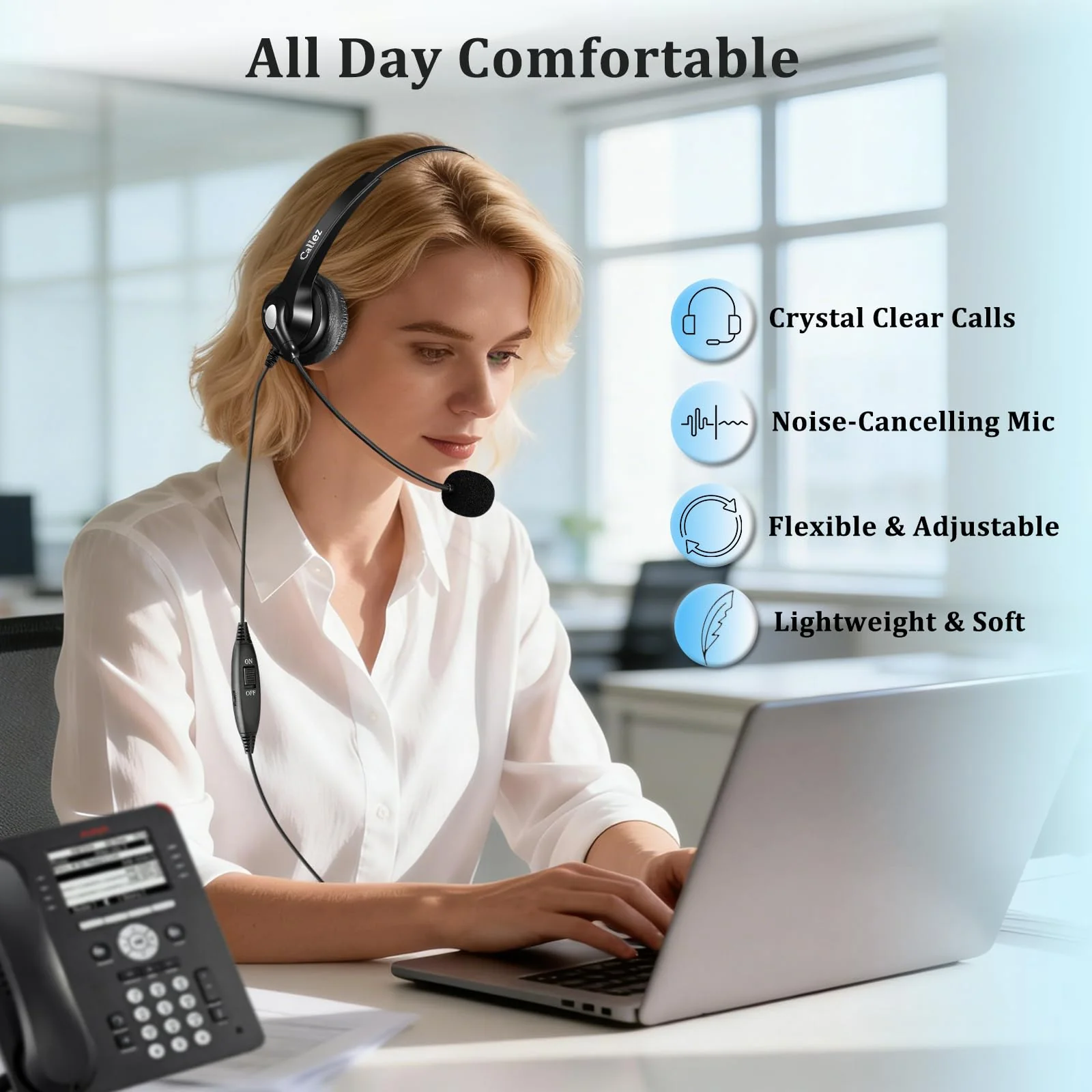 Callez RJ9 Phone Headset with Noise Cancelling Mic & Volume Controls, Telephone Headset Compatible with Avaya Plantronics Mitel ShoreTel Digium Nortel NEC Toshiba Aastra Office Landline Deskphones Black - Image 5