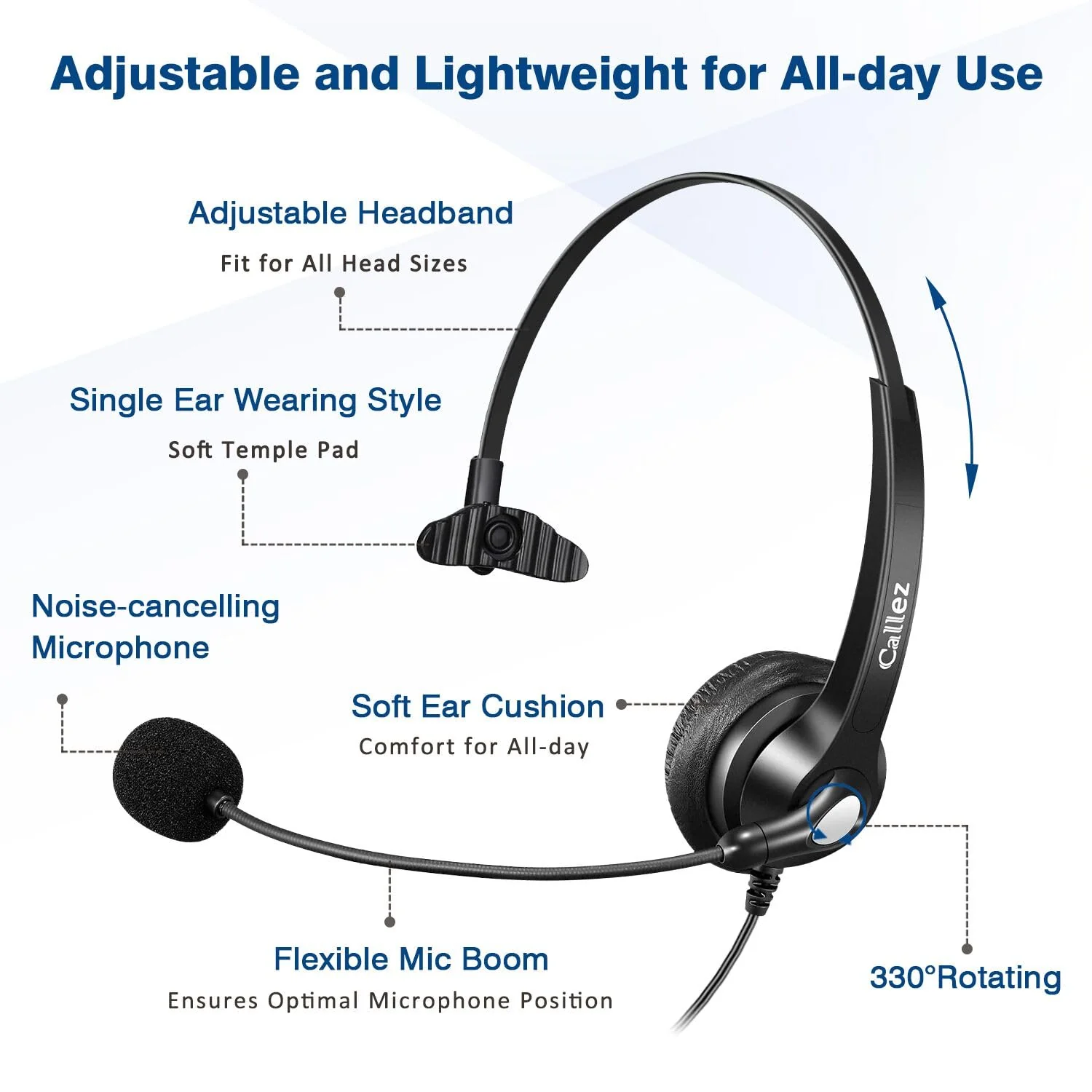 Callez USB Headset with Microphone Noise Cancelling & Audio Controls, Wideband Computer Headphones for Business UC Skype Lync Softphone Call Center Office, Clearer Voice, Super Light, Ultra Comfort Black - Image 3