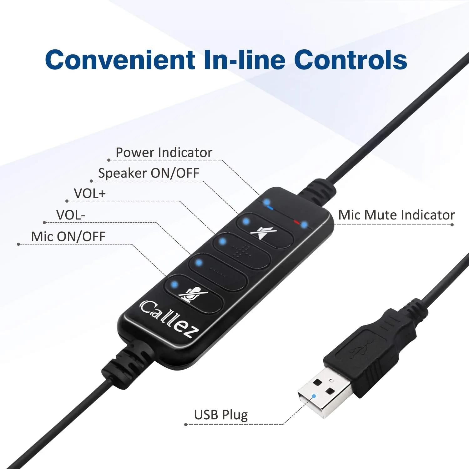 Callez USB Headset with Microphone Noise Cancelling & Audio Controls, Wideband Computer Headphones for Business UC Skype Lync Softphone Call Center Office, Clearer Voice, Super Light, Ultra Comfort Black - Image 4