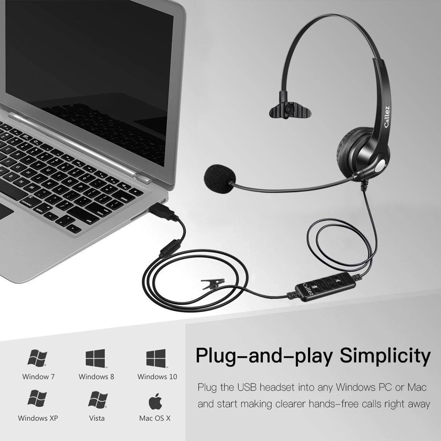 Callez USB Headset with Microphone Noise Cancelling & Audio Controls, Wideband Computer Headphones for Business UC Skype Lync Softphone Call Center Office, Clearer Voice, Super Light, Ultra Comfort Black - Image 5
