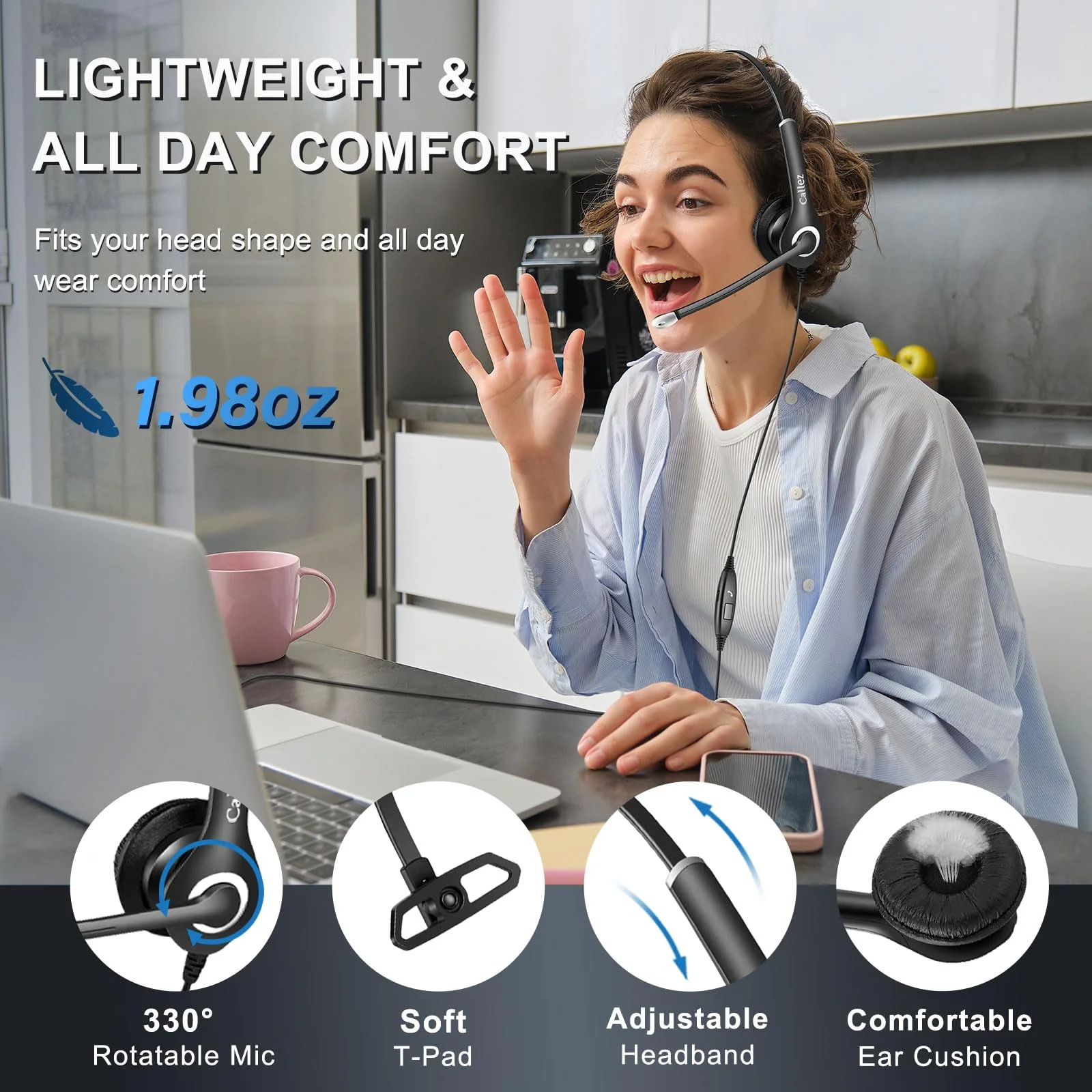 Callez Wired Computer Headset, 3.5mm/USB-C Headset with Mic Noise Cancelling, Cell Phone Headphone for PC Laptop Mac iPhone 15/16/17 Samsung Zoom Teams Call Center Home Office Work, in-line Controls Black - Image 6