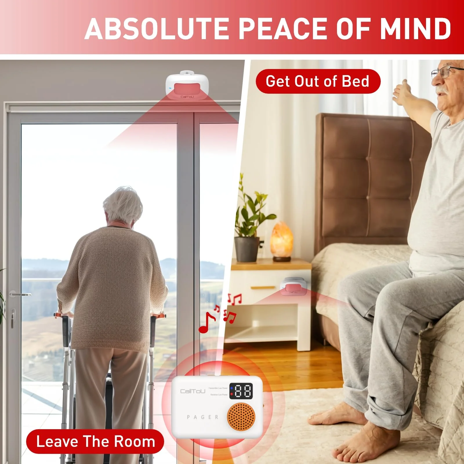 CallToU Bed Alarm for Elderly Adults Wireless Motion Sensor Alarm for Seniors Indoor Motion Detector for Dementia Caregiver Alarm&Fall Prevention System with Vibrate Digital Display Low Battery Remind - Image 2