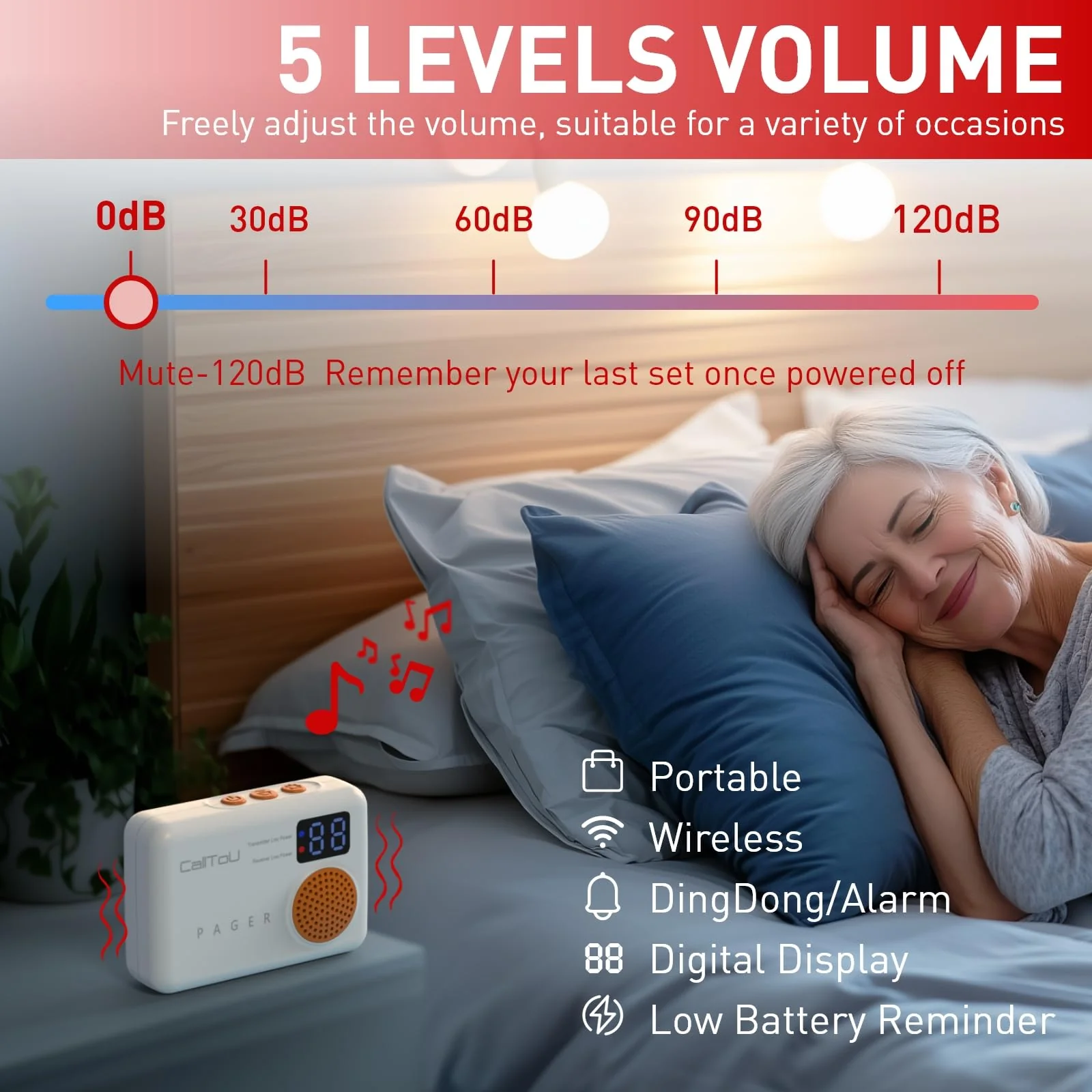 CallToU Bed Alarm for Elderly Adults Wireless Motion Sensor Alarm for Seniors Indoor Motion Detector for Dementia Caregiver Alarm&Fall Prevention System with Vibrate Digital Display Low Battery Remind - Image 3
