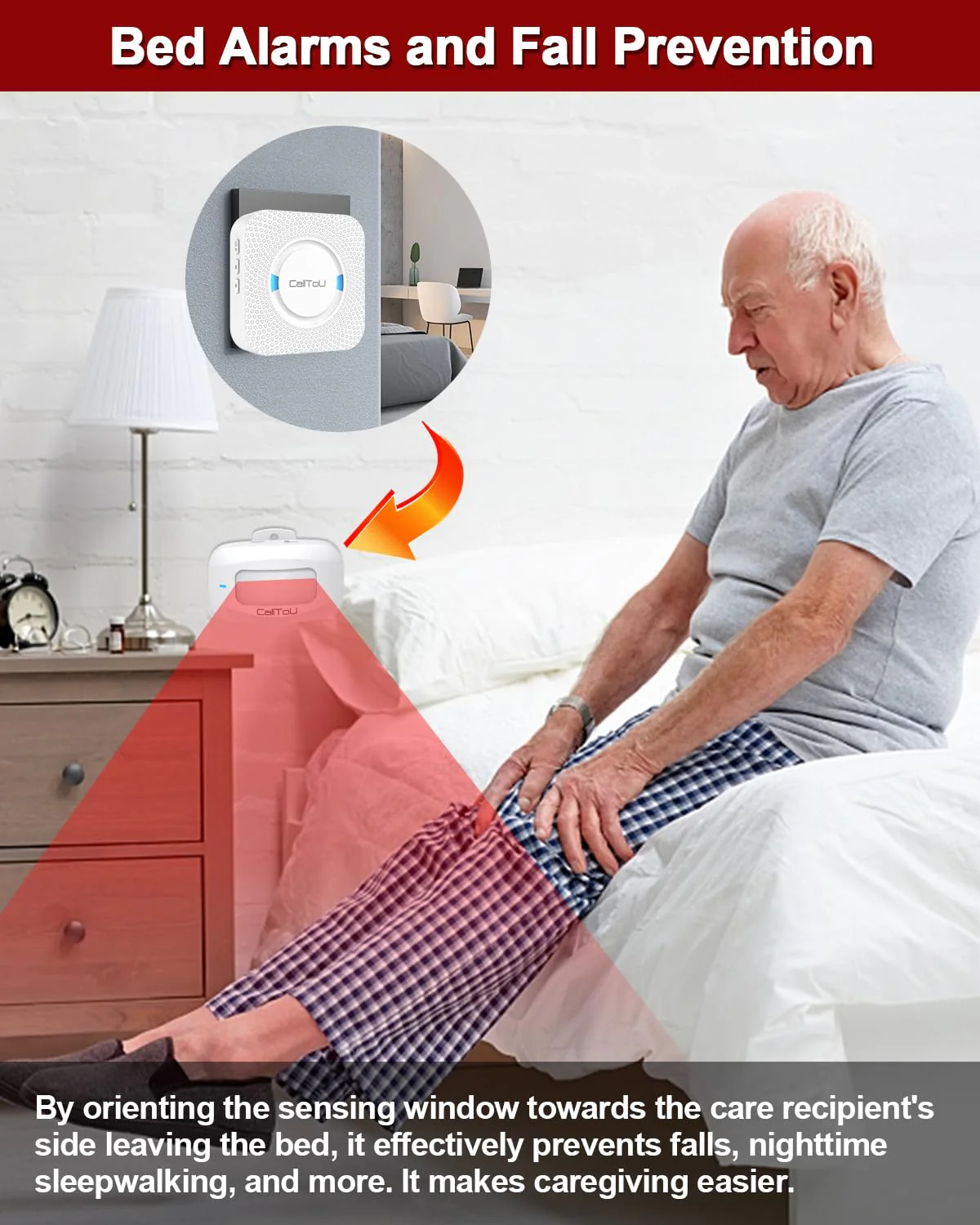 CallToU Bed Sensor Alarm and Fall Prevention for Elderly/Dementia/Patient Wireless Caregiver Pager Motion Sensor Alarms System Motion Detector Alert Monitor System 500+FT, Bed Alarm for Elderly Adult 1 Receiver+ 2 Motion Sensors - Image 3