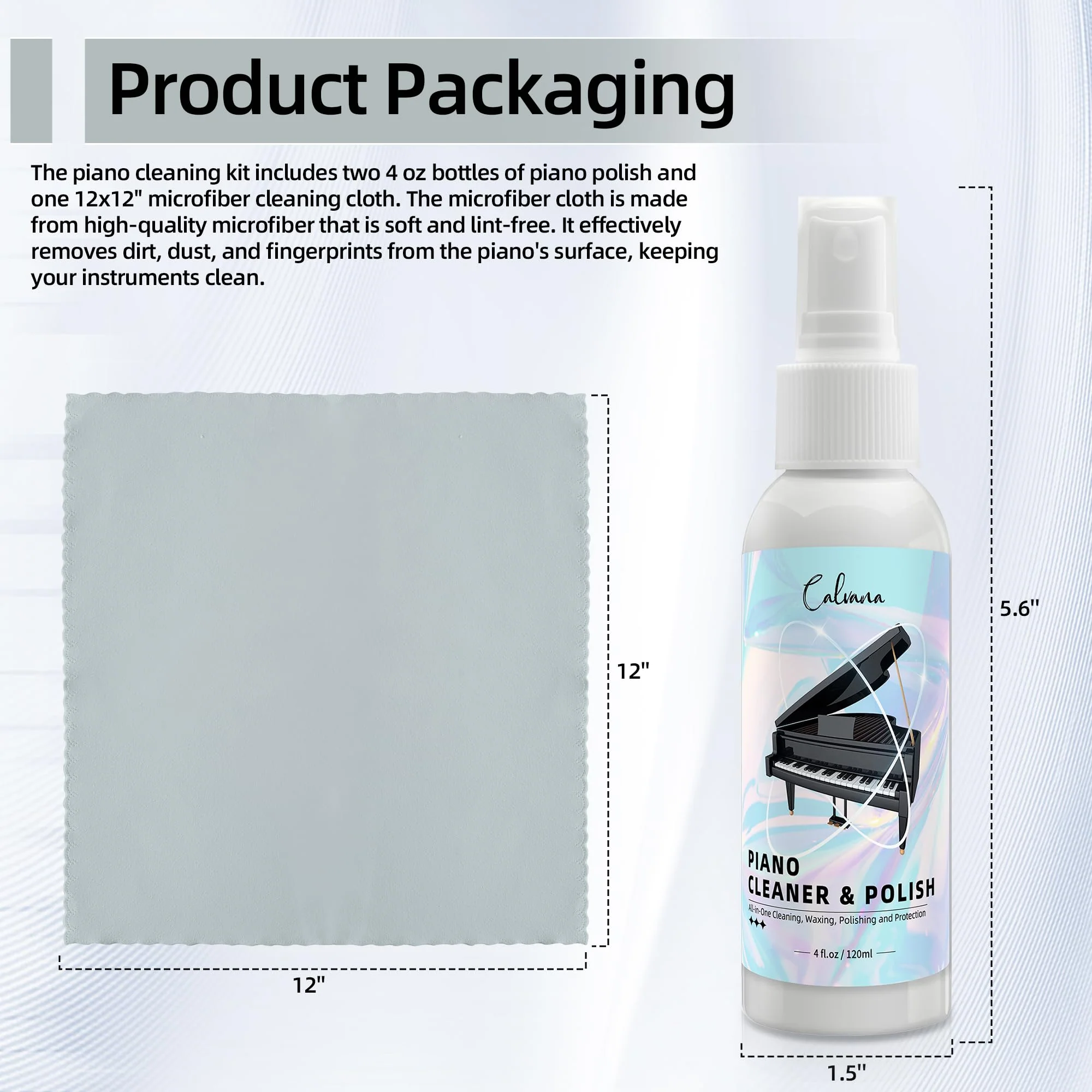 Calvana (2-Pack) 2-in-1 Piano Cleaner and Polish Kit, Includes 12x12 Microfiber Cleaning Cloth, Piano Accessories for Most Piano Surfaces, Grand Piano, Digital Piano, Baby Grand Piano, Violin, 4 OZ×2 Cleaning & Polish Kit with Cleaning Cloth 2pk - Image 2