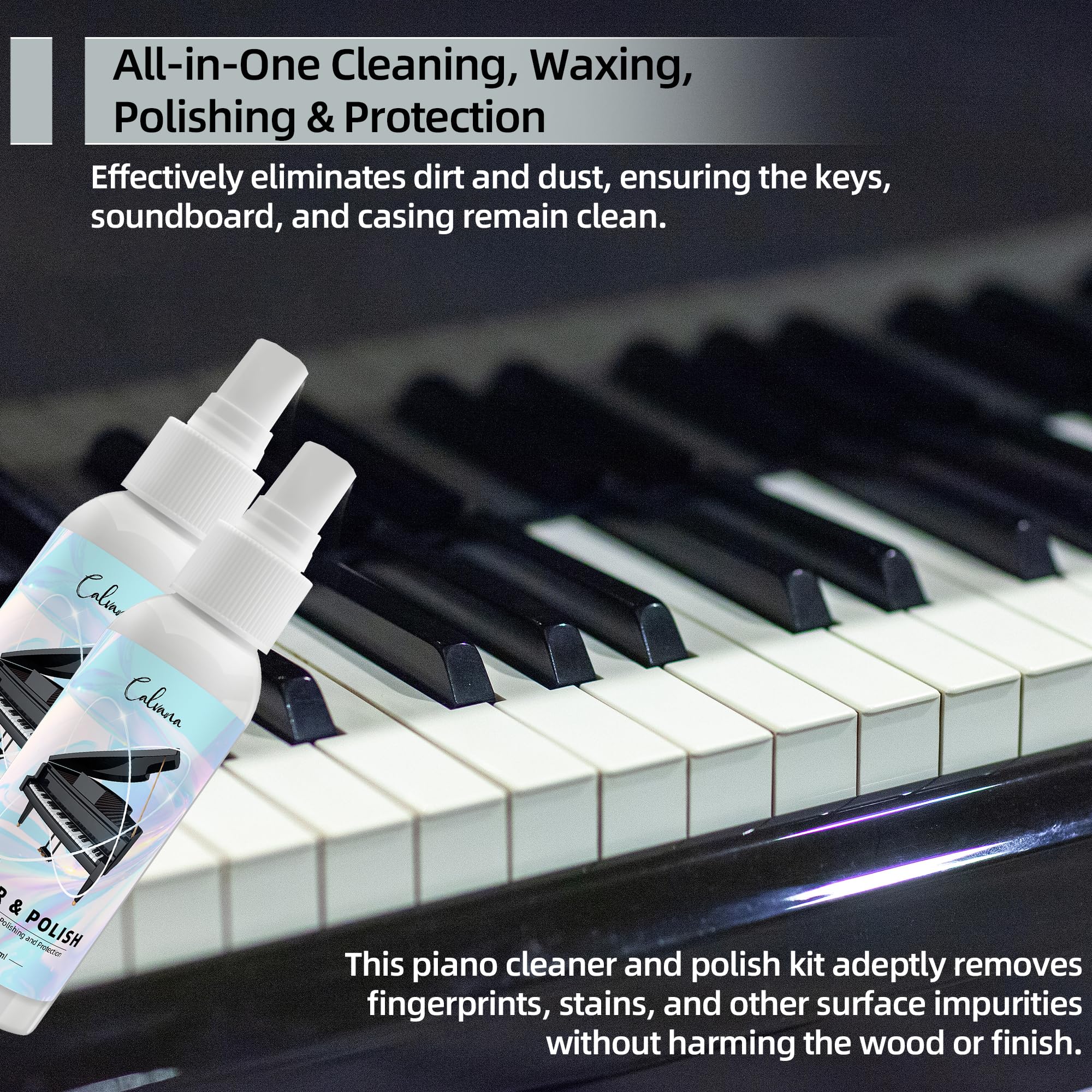 Calvana (2-Pack) 2-in-1 Piano Cleaner and Polish Kit, Includes 12x12 Microfiber Cleaning Cloth, Piano Accessories for Most Piano Surfaces, Grand Piano, Digital Piano, Baby Grand Piano, Violin, 4 OZ×2 Cleaning & Polish Kit with Cleaning Cloth 2pk - Image 3
