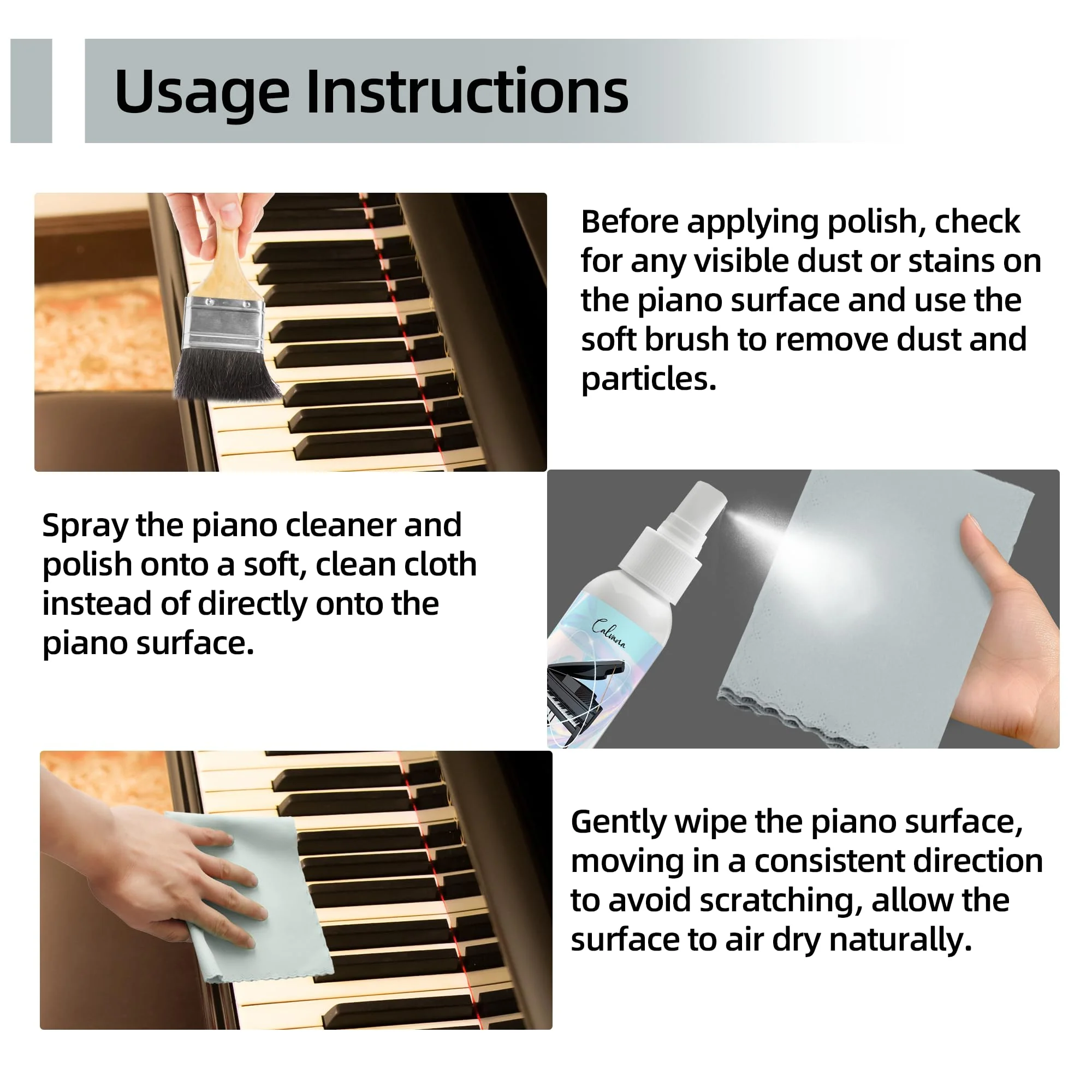 Calvana (2-Pack) 2-in-1 Piano Cleaner and Polish Kit, Includes 12x12 Microfiber Cleaning Cloth, Piano Accessories for Most Piano Surfaces, Grand Piano, Digital Piano, Baby Grand Piano, Violin, 4 OZ×2 Cleaning & Polish Kit with Cleaning Cloth 2pk - Image 4