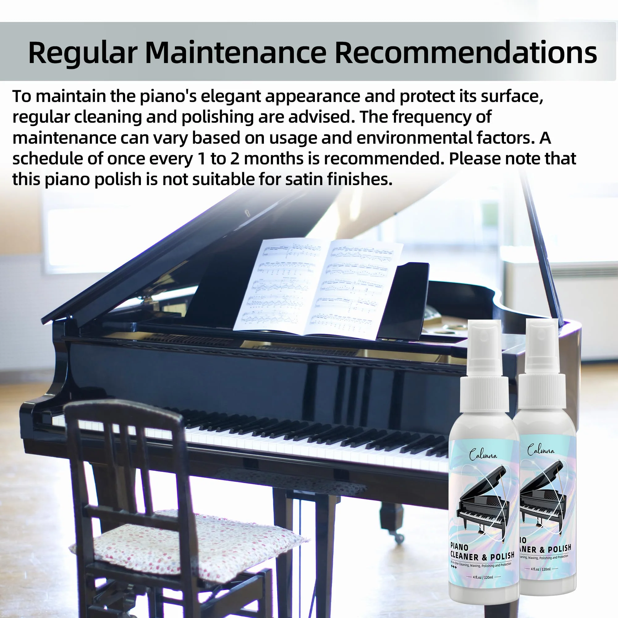 Calvana (2-Pack) 2-in-1 Piano Cleaner and Polish Kit, Includes 12x12 Microfiber Cleaning Cloth, Piano Accessories for Most Piano Surfaces, Grand Piano, Digital Piano, Baby Grand Piano, Violin, 4 OZ×2 Cleaning & Polish Kit with Cleaning Cloth 2pk - Image 5