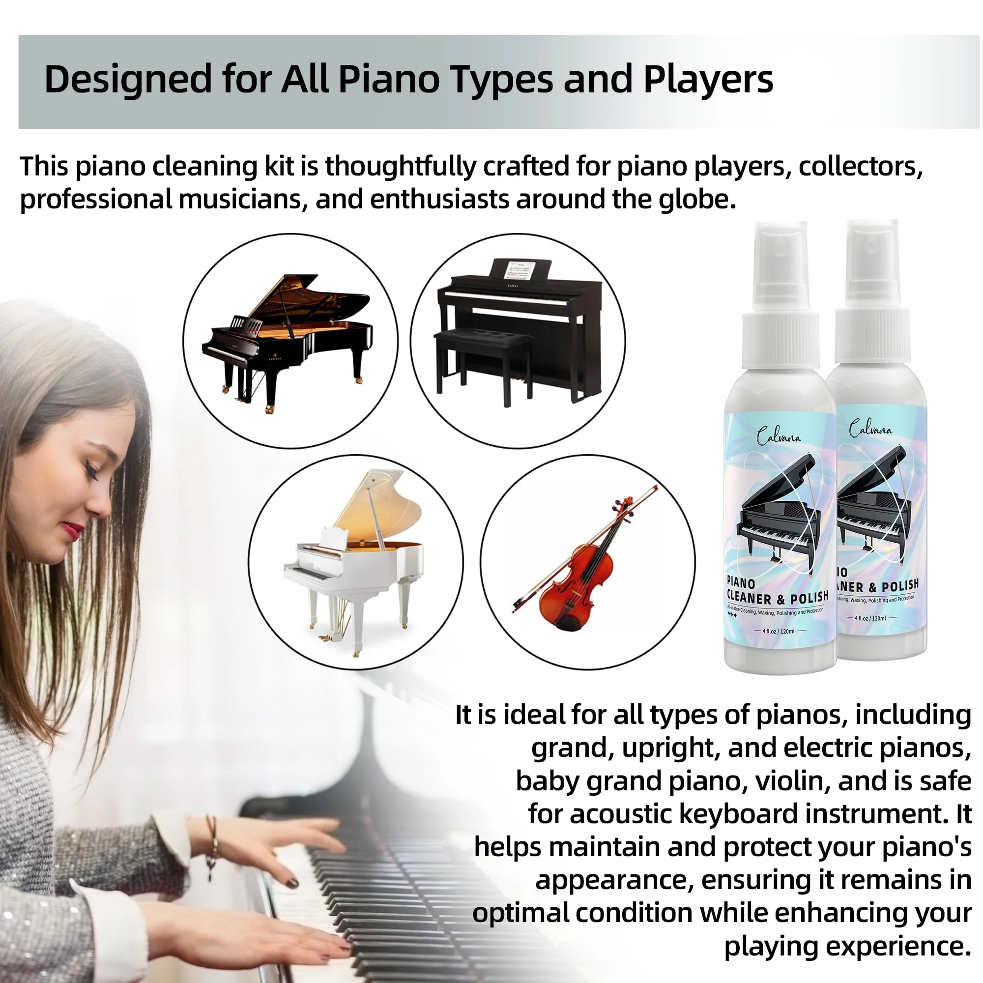Calvana (2-Pack) 2-in-1 Piano Cleaner and Polish Kit, Includes 12x12 Microfiber Cleaning Cloth, Piano Accessories for Most Piano Surfaces, Grand Piano, Digital Piano, Baby Grand Piano, Violin, 4 OZ×2 Cleaning & Polish Kit with Cleaning Cloth 2pk - Image 6
