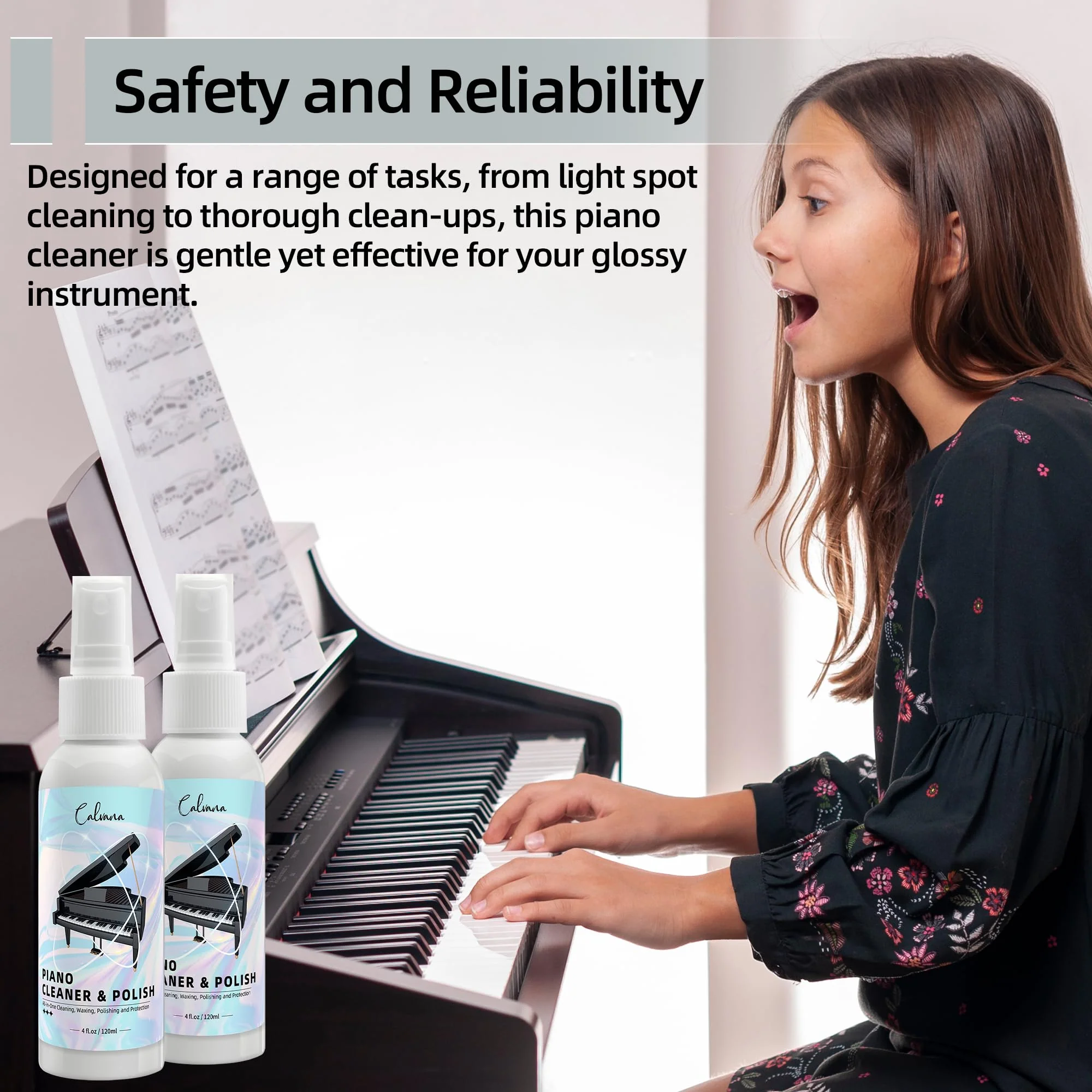Calvana (2-Pack) 2-in-1 Piano Cleaner and Polish Kit, Includes 12x12 Microfiber Cleaning Cloth, Piano Accessories for Most Piano Surfaces, Grand Piano, Digital Piano, Baby Grand Piano, Violin, 4 OZ×2 Cleaning & Polish Kit with Cleaning Cloth 2pk - Image 7