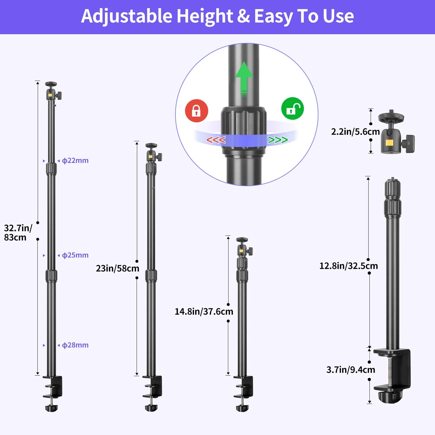 Camera Desk Mount Webcam Stand with 360° Ball Head, Adjustable Table Light Stand 14"-33", Tabletop C Clamp for DSLR Camera, Ring Light, Live Streaming, Photo Video Studios - Image 3