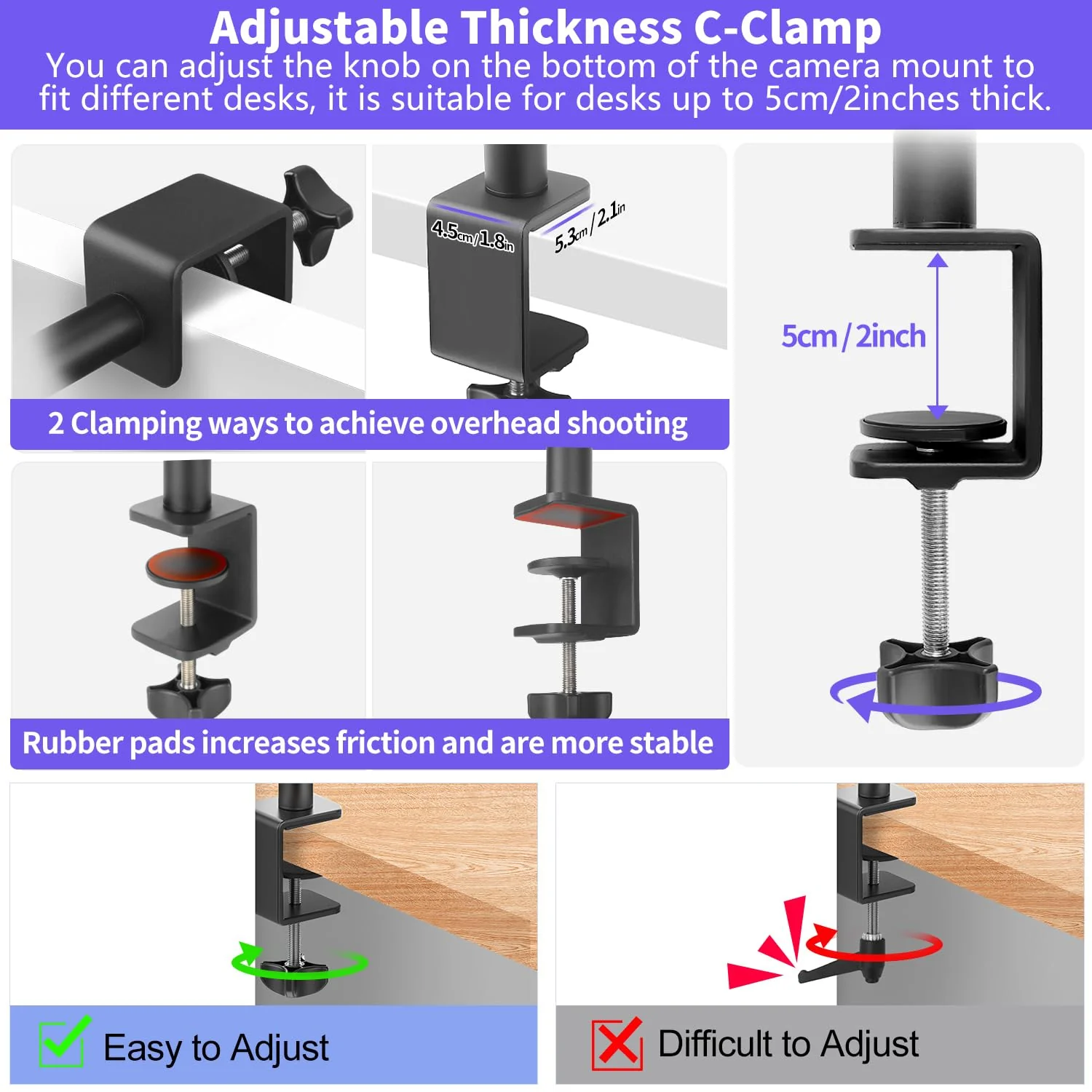 Camera Desk Mount Webcam Stand with 360° Ball Head, Adjustable Table Light Stand 14"-33", Tabletop C Clamp for DSLR Camera, Ring Light, Live Streaming, Photo Video Studios - Image 6