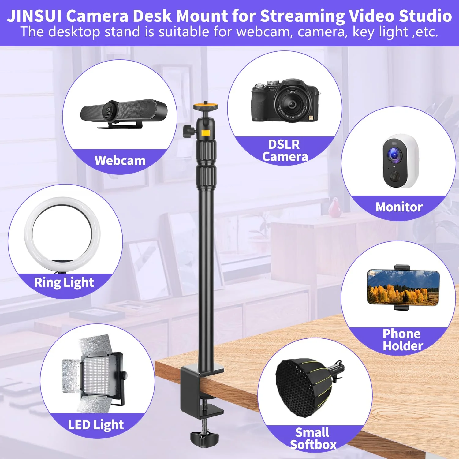 Camera Desk Mount Webcam Stand with 360° Ball Head, Adjustable Table Light Stand 14"-33", Tabletop C Clamp for DSLR Camera, Ring Light, Live Streaming, Photo Video Studios - Image 7